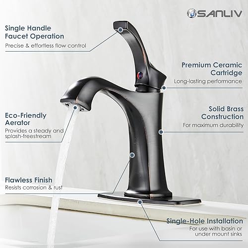 Vista 22 de Brushed Nickel Bathroom Faucet, Sanliv Single Handle Centerset Bathroom Sink Faucet with Pop-Up Drain & Deck Plate for 1 or 3-Hole (4 inch)