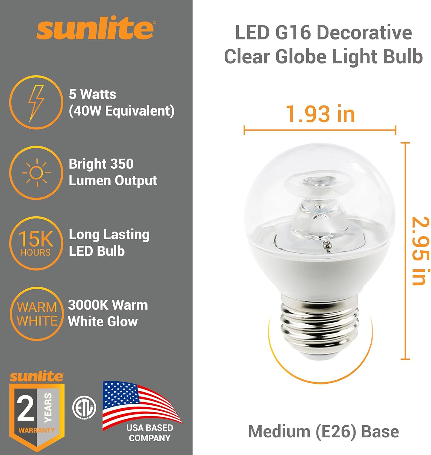 Sunlite G16 LED Dimmable Decorative Globe Vanity Light Bulbs, Clear, 5W (40W Equiv.), 350 Lumens, Medium E26 Base, Mirror Lights for Bedroom and Bathroom, 120V, ETL Listed, 3000K Warm White, 6 Pack