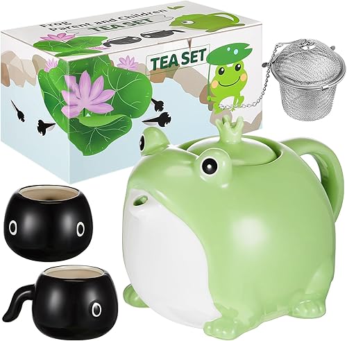 FoldTier Lindo juego de té japonés de rana, tetera de 30 onzas, de cerámica, con 2 tazas de té de 5 onzas y 1 filtro, lindo juego de servicio de té,