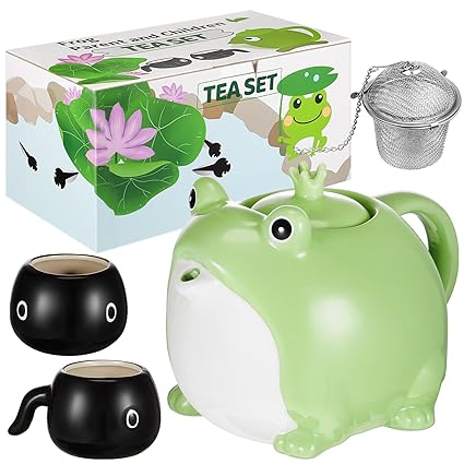 FoldTier Cute Tableware Japanese Tea Set Frog Teapot Teacup 30 oz Ceramic Cute Tea Pot with 2 Pcs 5 oz Tea Cups and 1 Pcs Filter Cute Tea Service Set Frog Gifts for Women