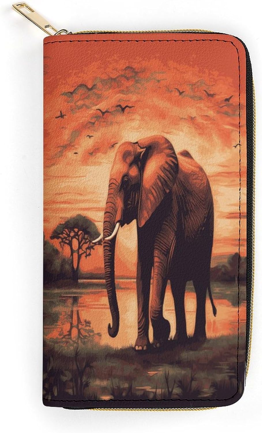 Leather Wallets for Women Sunset Elephant Printed Wallet Purse Card Holder with Zipper Leather Clutch Wallet
