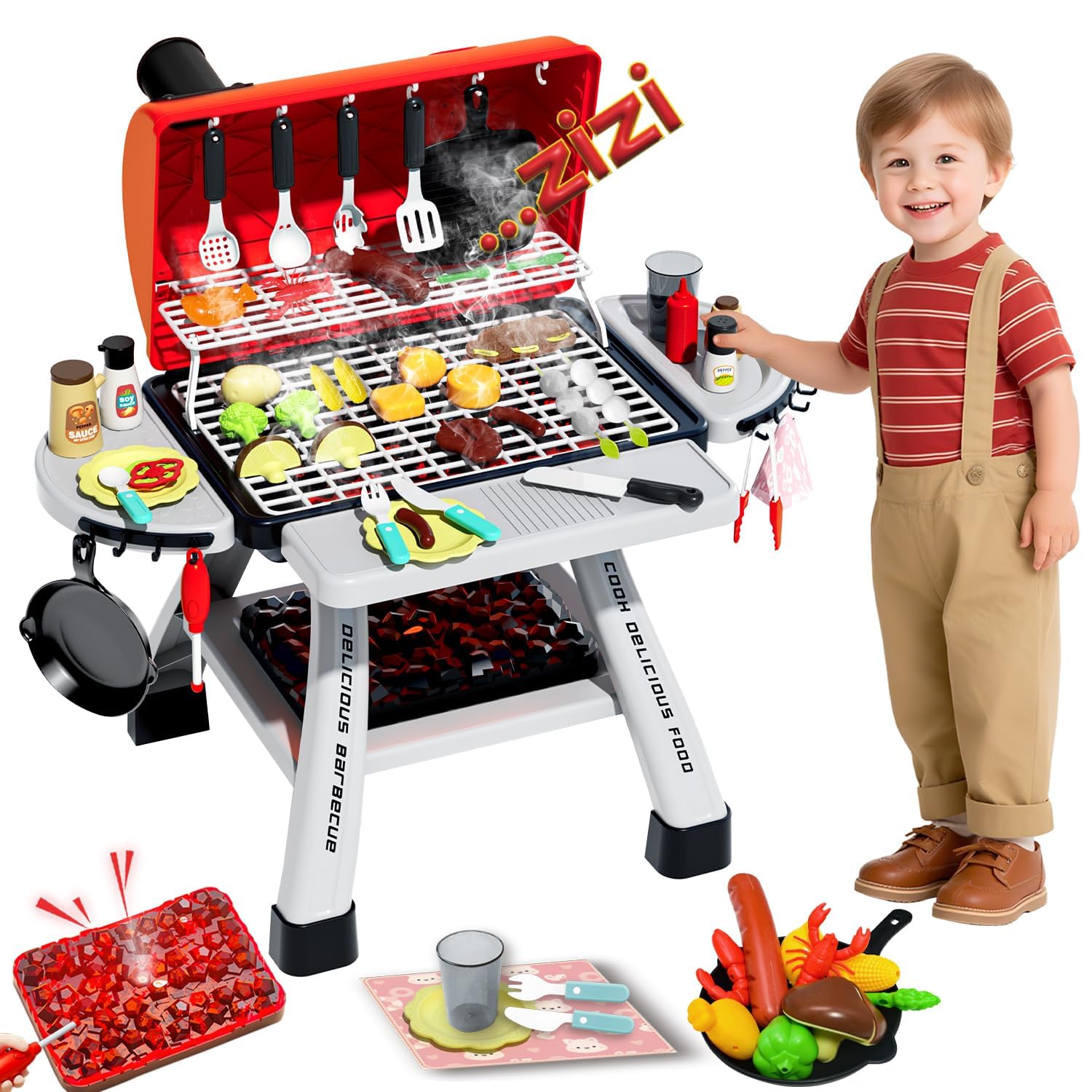 Sponsored Ad - Kids BBQ Grill Playset, Play Kitchen Toys Grill with Smoke Sound Light Simulation Pretend Play Food for Toddlers 3-5 Camping Cooking Set Birthday Gifts Christmas for Grandkids