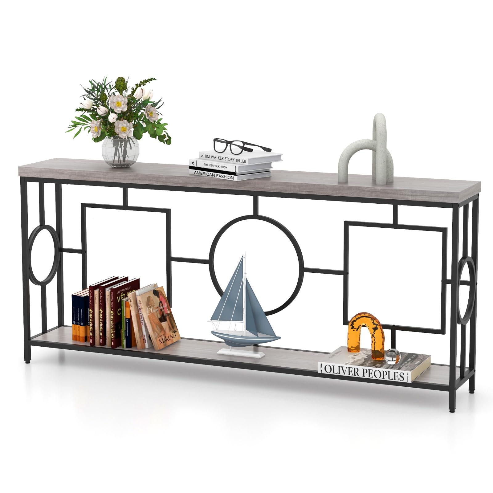 LIFEZEAL Stolik konsolowy 180 cm, stół do przedpokoju z 2 poziomami, wąski stół wejściowy, stół do salonu z metalowym stelażem, stolik pomocniczy do korytarza, salonu (rustykalny szary + czarny)