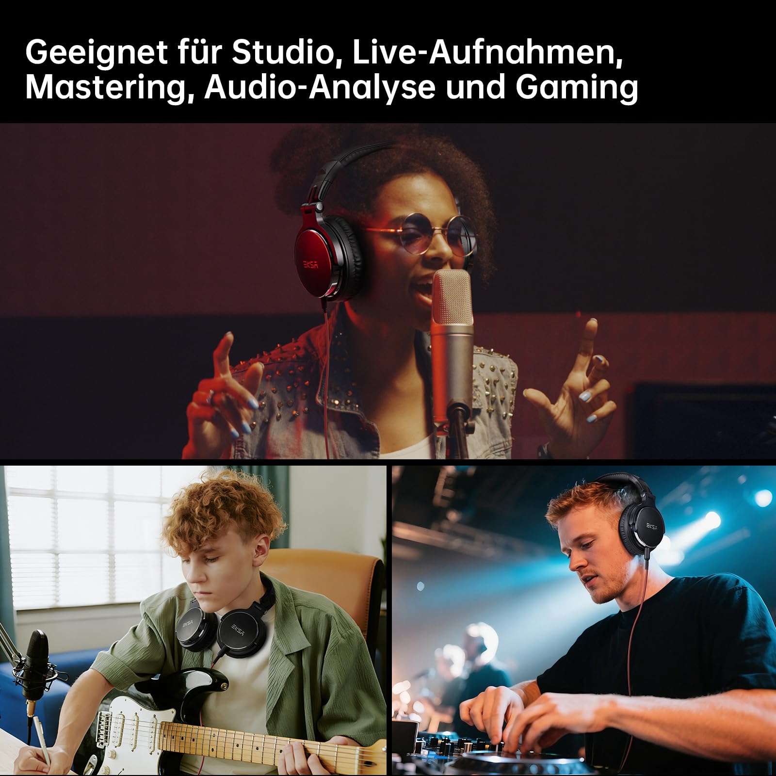 EKSA P100 Kopfhörer mit Kabel, Studio Monitor Kopfhörer mit Stereo-Sound, Hi-Res DJ Kopfhörer 6,35mm & 3,5mm Klinke, Kabelkopfhörer für Computer, Studio, Aufnahme, Mischpult, Gitarre, MP3/4