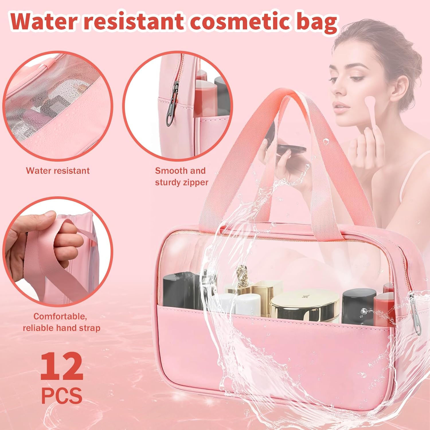 12 Pcs Translucent Make up Bag 10.2 x 6.3 x 2.8 Inches Waterproof Toiletry Organizer with Hanging Handles Portable Cosmetic Travel Bag Carry Pouch for Women and Men Travel Storage (Pink) - Image 5