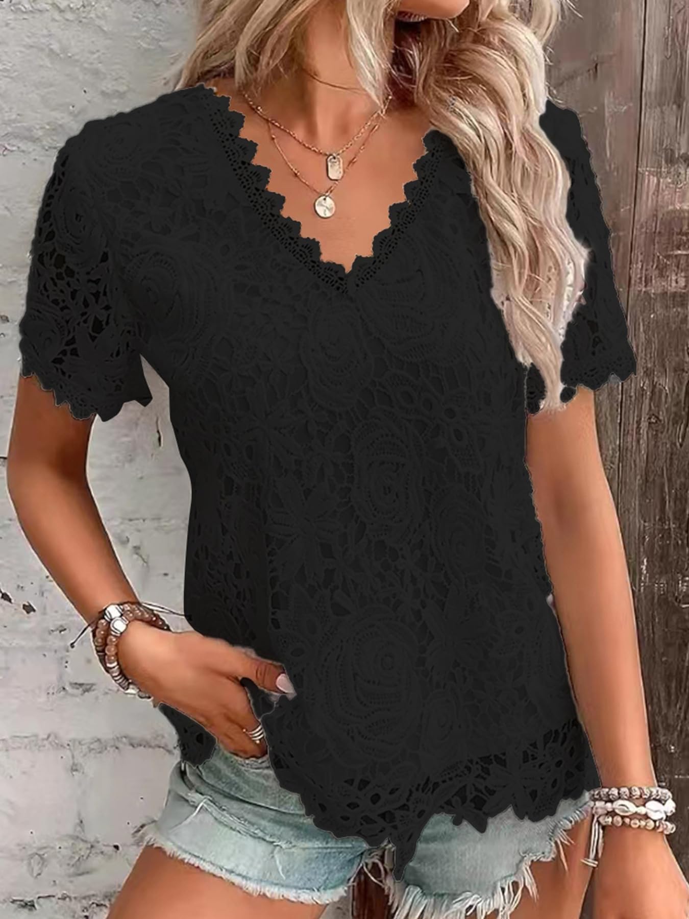 Top Estivi da Donna Camicie da Lavoro Eleganti a Maniche Corte con Ricami in Pizzo all'Uncinetto T-Shirt Eleganti(Black,XL)