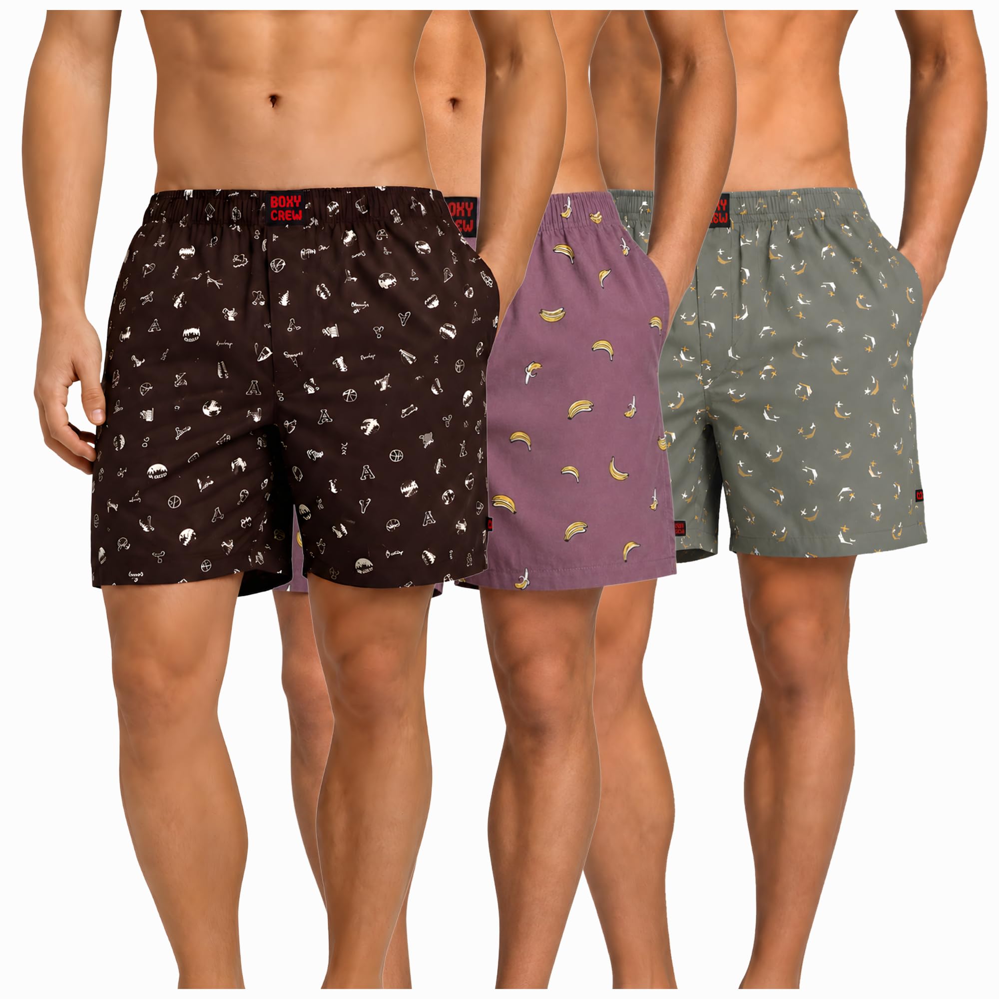 Men's 100% Cotton Boxer Shorts Pack of 3, Brown, Rose Pink & Green | Woven Boxers with Side Pockets, No-Marks Elastic Waistband, Breathable Relaxed Fit | Style 005-006-008-image-23