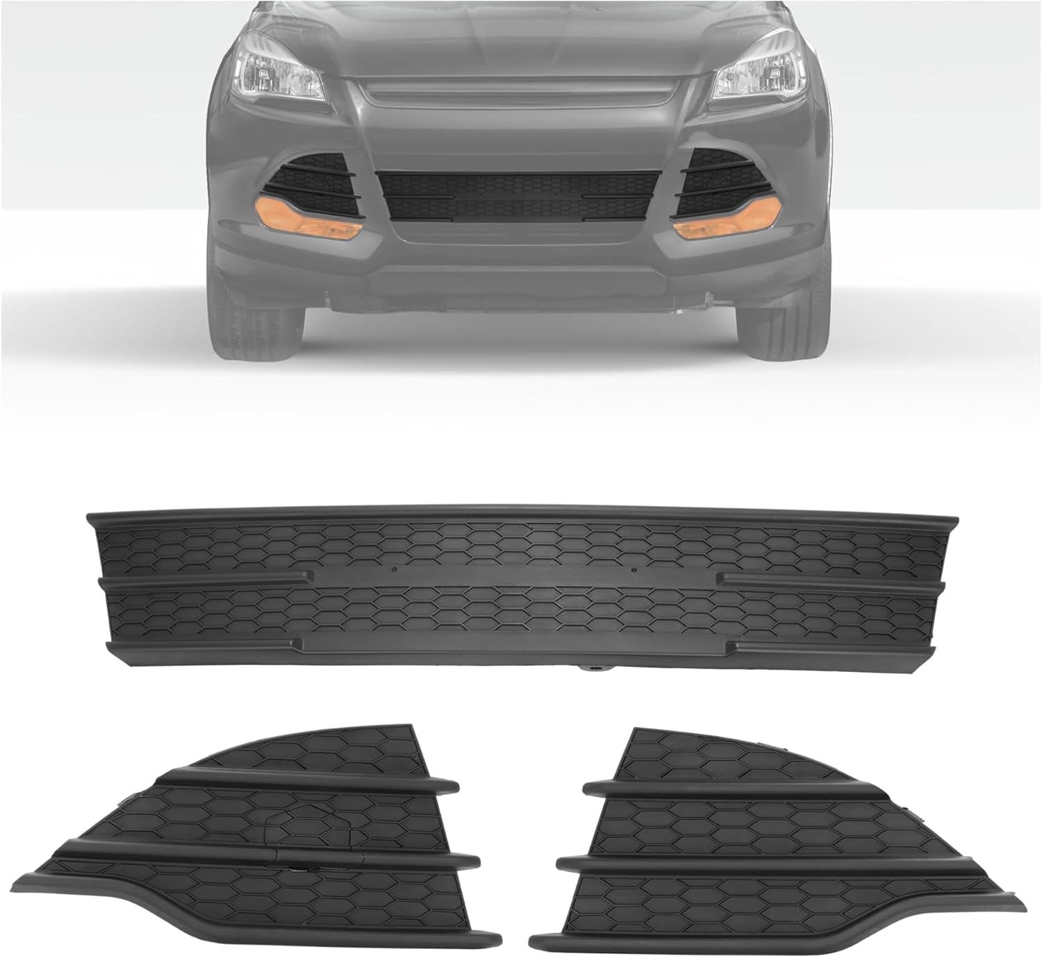 HECASA Front Lower Grille+Fog Light Bezel Compatible with 2013-2016 Ford Escape FO1036154 FO1038124 FO1039124 Bumper Radiator Hood Grill Fog Lamp Cover Plastic (PP) Black 3PCS