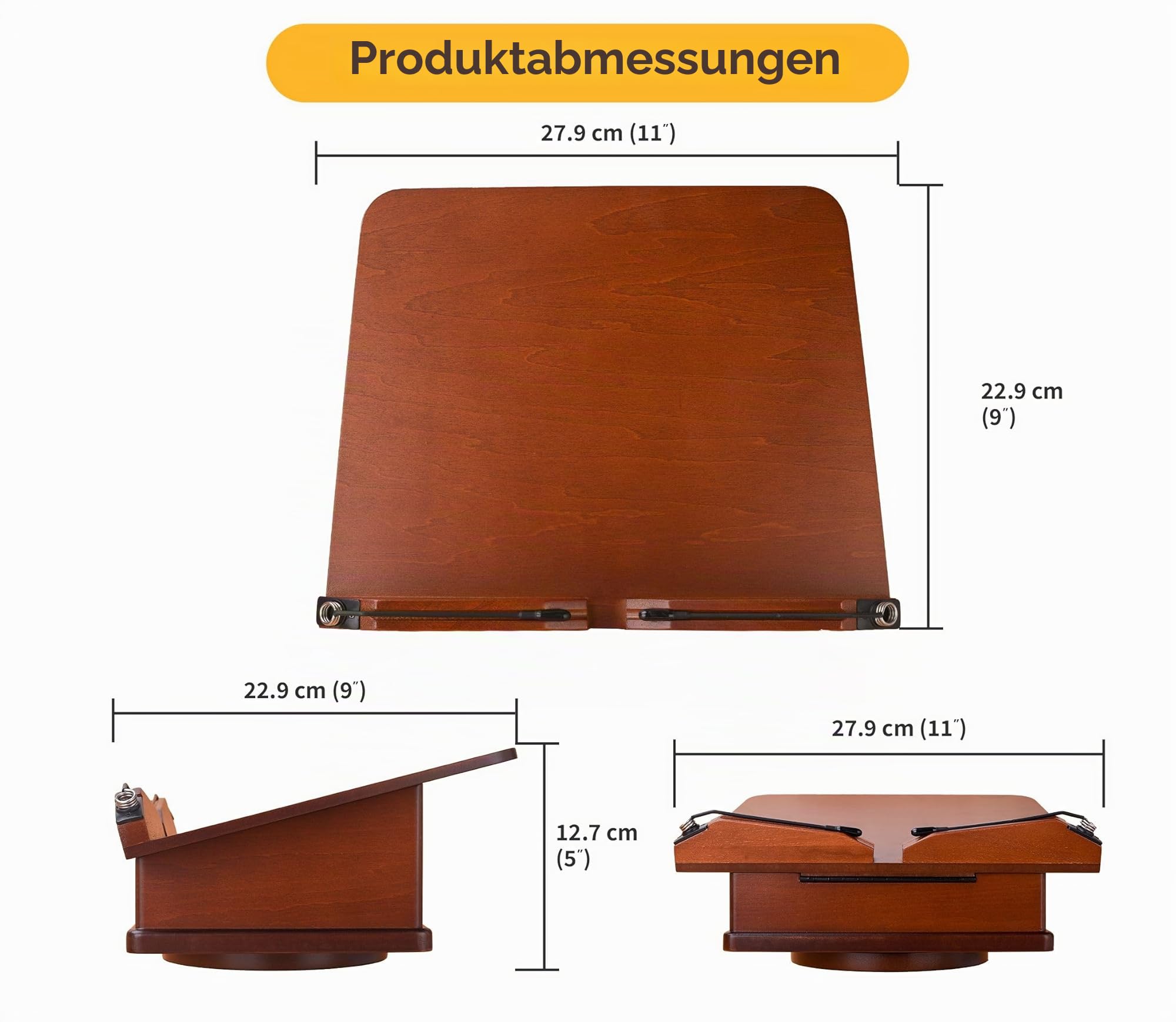 Großer Buchständer aus Holz mit Karussellsockel – verstellbarer Buchhalter mit Aufbewahrungsbox und magnetischem Ständer – 360° drehbarer Buch-Organizer aus Holz für Kochbuch (Dark Cherry)