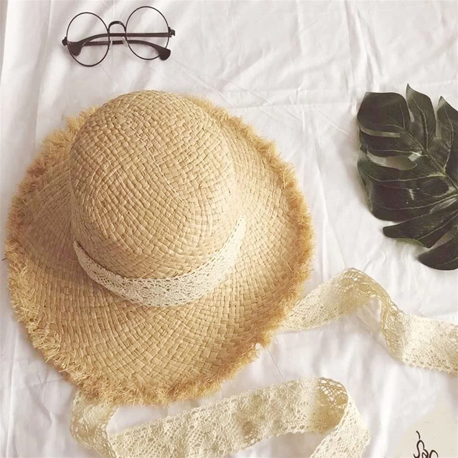 Chapeau de Soleil pour Femme Chapeau de Plage de Femmes d'été avec Le tempérament de Dentelles de Ruban Rond de Dames Ronds Plateaux de Paille Chapeaux Chapeaux Chapeau d’été (Color : 1, Size : L)