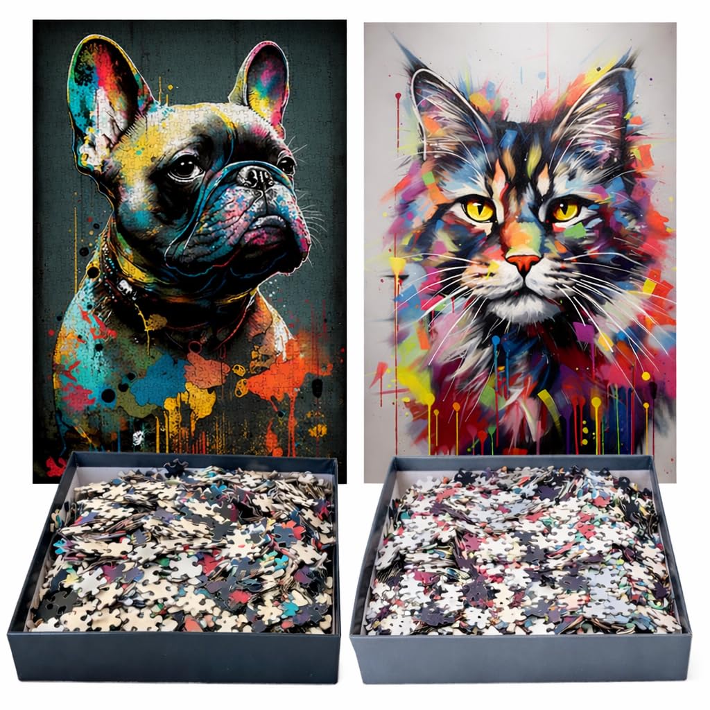 Lot de 2 Puzzles 1000 Pièces – Chat Maine Coon & Chien Bouledogue – Style Popart – Cadre 50×75 cm – GreenAnoo