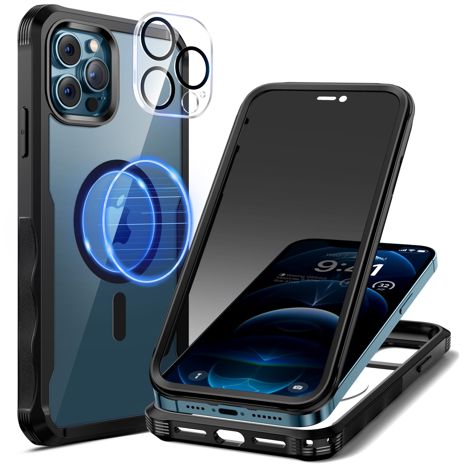 seacosmo Cover per iPhone 12 Pro Max Privacy Magnetica, Compatibile con Magsafe, Antispy Schermo Integrata in Vetro Temperato, Protezione Fotocamera, Custodia 360 Gradi Antishock Fronte Retro - Nero