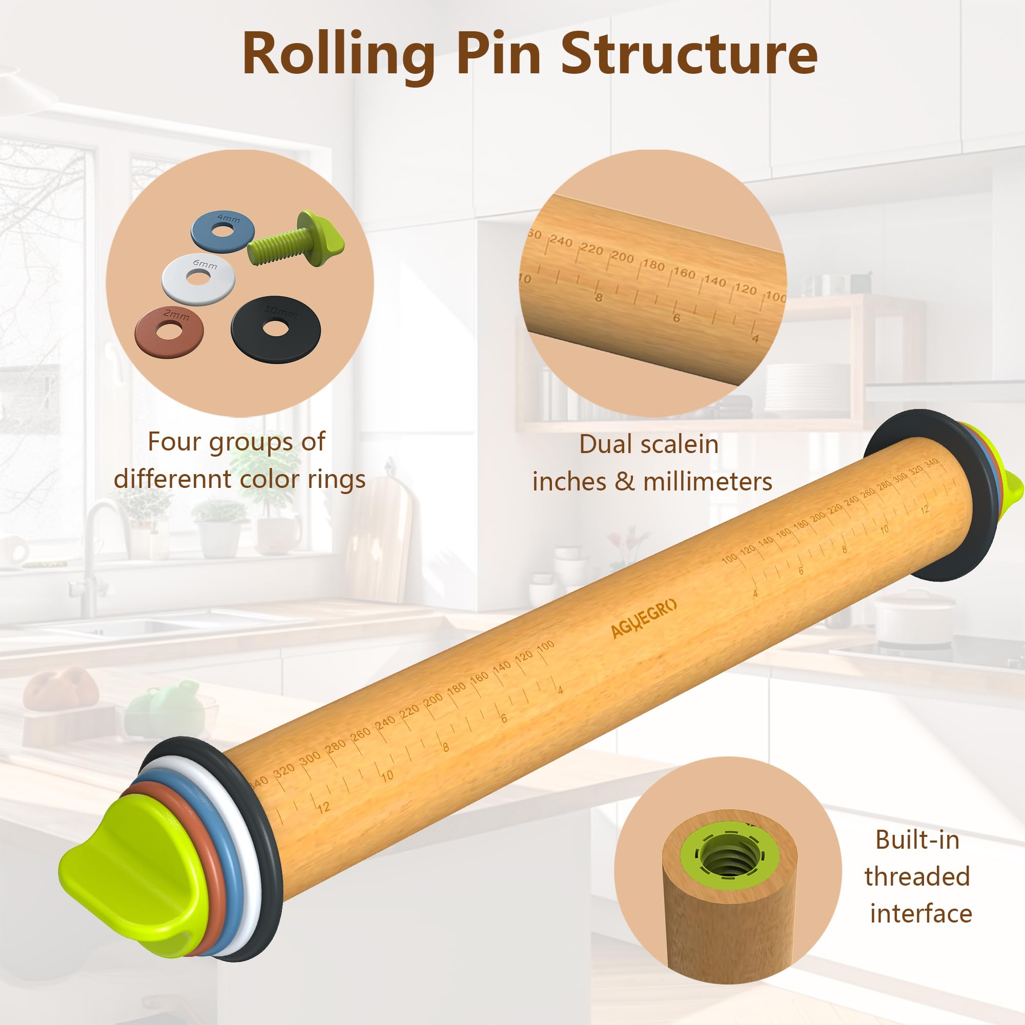 Nudelholz mit verstellbarem Dickenring und Silikon-Backmatte zum Backen, Fondant, Pizza, Kuchen, Kekse, Gebäck, 34 cm Teigroller aus Holz mit 4 mehrfarbigen Ringen
