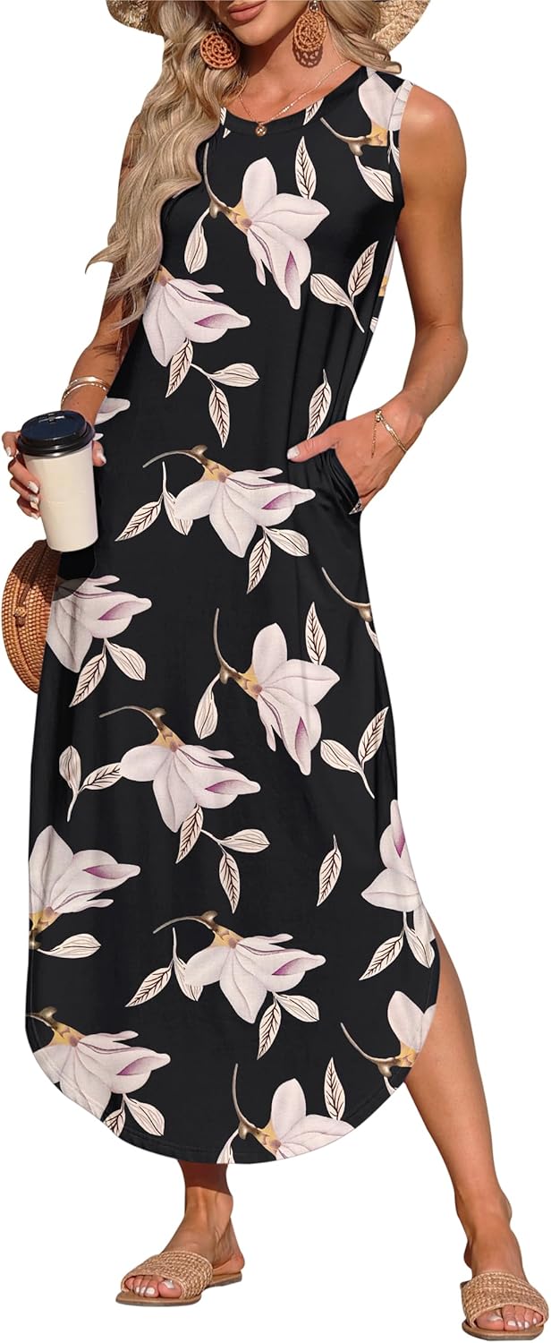 AUSELILY Womens Summer Dresses 2025 Casual Sleeveless Maxi Dress Loose Crewneck Sundresses Split Long Tank Dress with Pockets