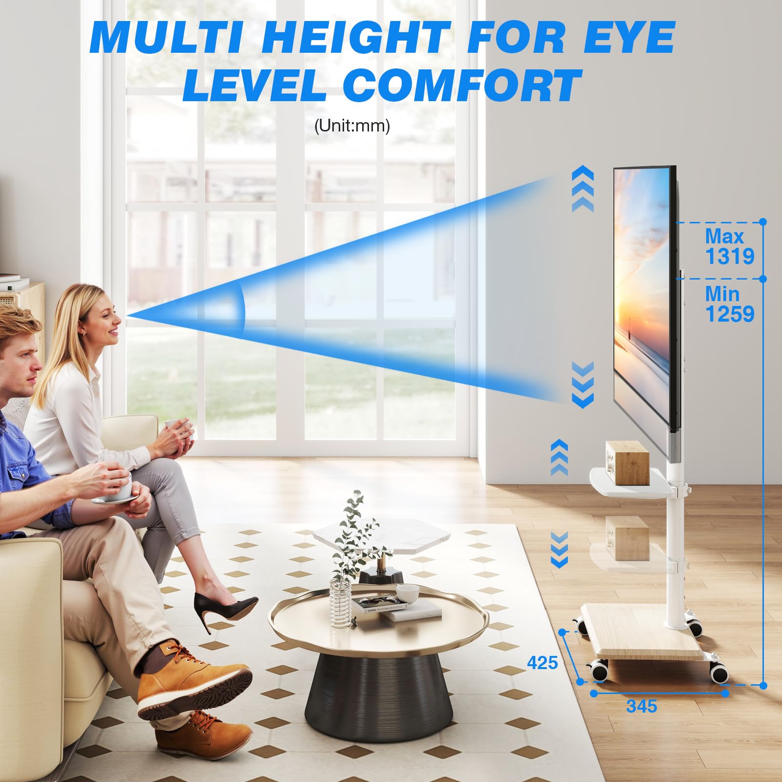 5Rcom Support TV roulettes Blanc Pied TV pour Télé de 27-55 Pouces, Réglable en Hauteur et Pivotant Support TV sur Pied avec roulettes Meuble Support TVs avec Base en Bois VESA Max 400x400mm Max 30kg