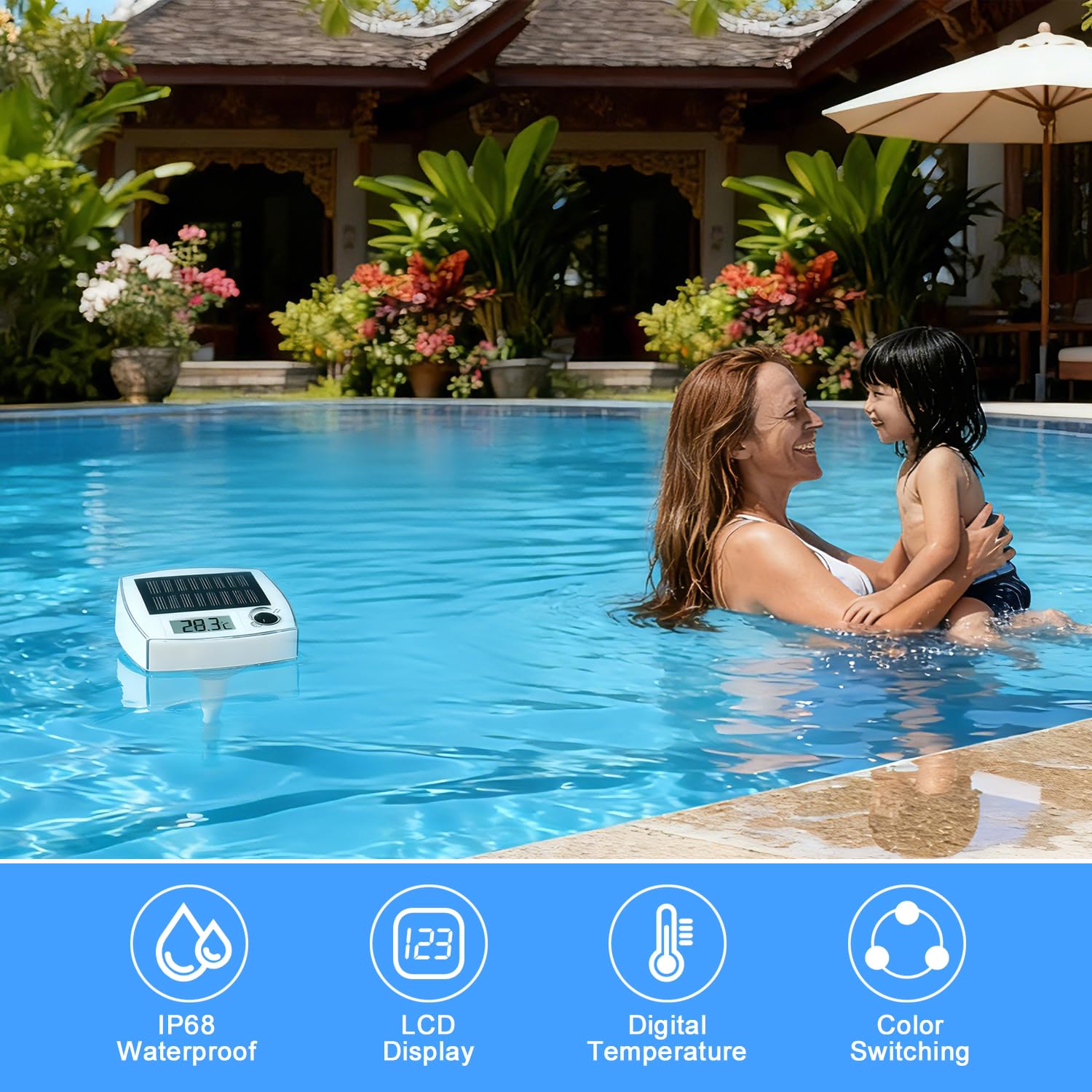 Solar Pool Thermometer,Poolthermometer Schwimmend mit Dynamischer Beleuchtung,LCD-Bildschirm für Einfaches Ablesen,IP68 Wasserdicht,8 Dynamischen Lichteffekten,für Schwimmbad,Whirlpool,Spa