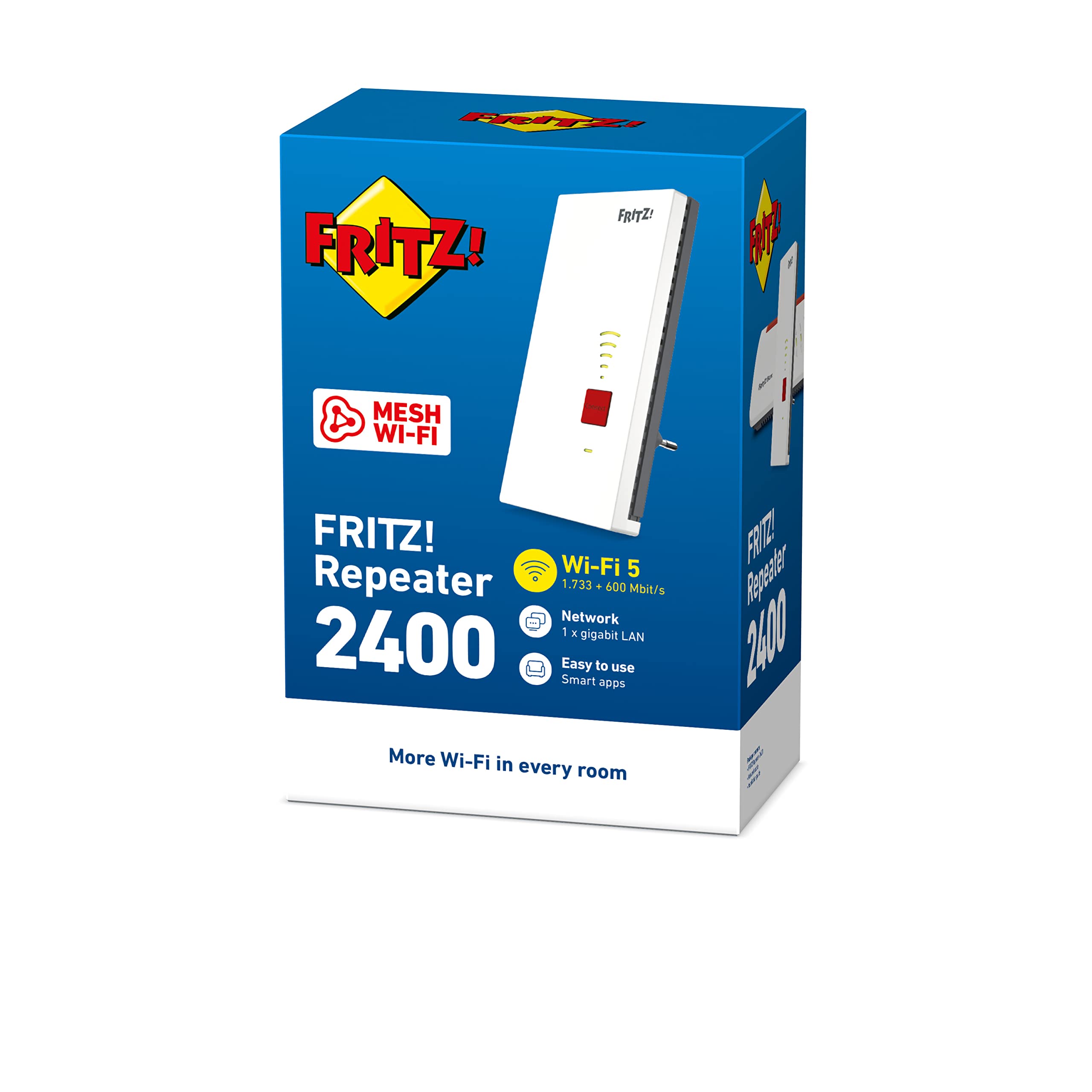 Fritz!Repeater 2400 International - Repetidor/Extensor WiFi AC+N, Banda Dual(1.733 Mbps/5 GHz y 600 Mbps/2,4 GHz), Mesh, Punto de Acceso WiFi, 1 Puertos LAN Gigabit, WPS, Interfaz en Español