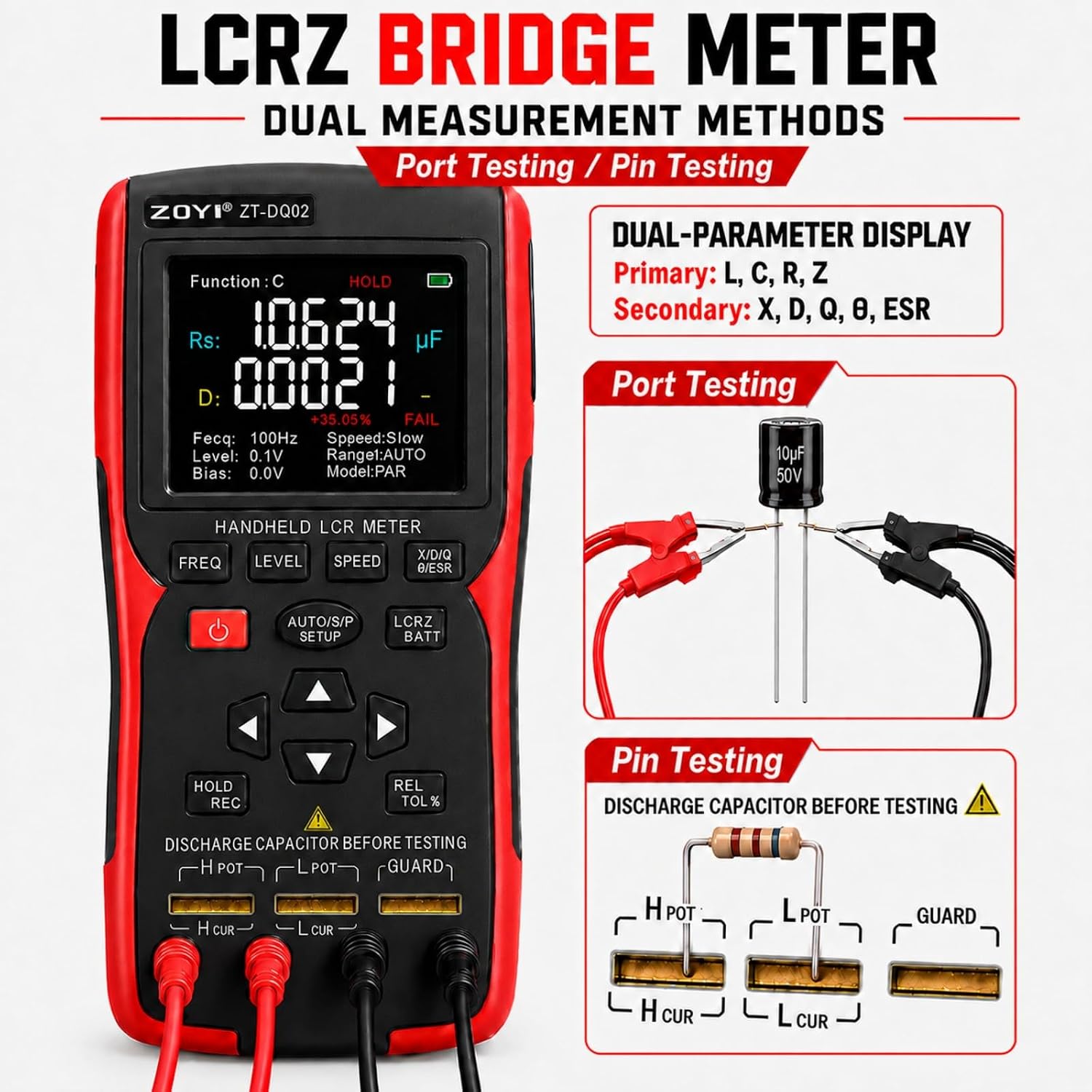 ZOYI ZT-DQ02 2-in-1 Digital LCR Meter&Voltage Battery Internal Resistance Tester, Auto Component Detect, 100kHz LCRZ ESR/Q/D/θ/X Dual Parameter with 4-Wire Kelvin Measurement for Batteries Analyzer image 2