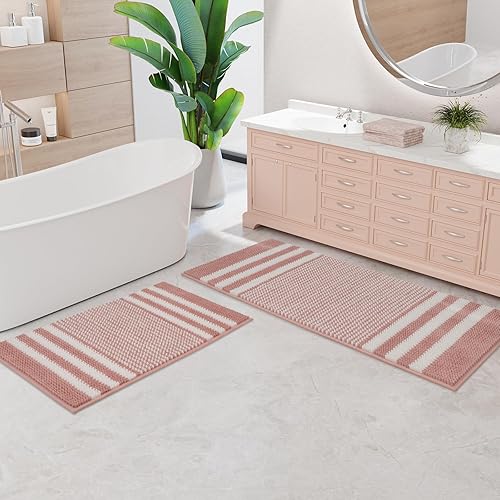 Vista 13 de Juego de 2 alfombras de baño de felpilla extrasuaves y absorbentes, esponjosas, a rayas, antideslizantes, lavables a máquina