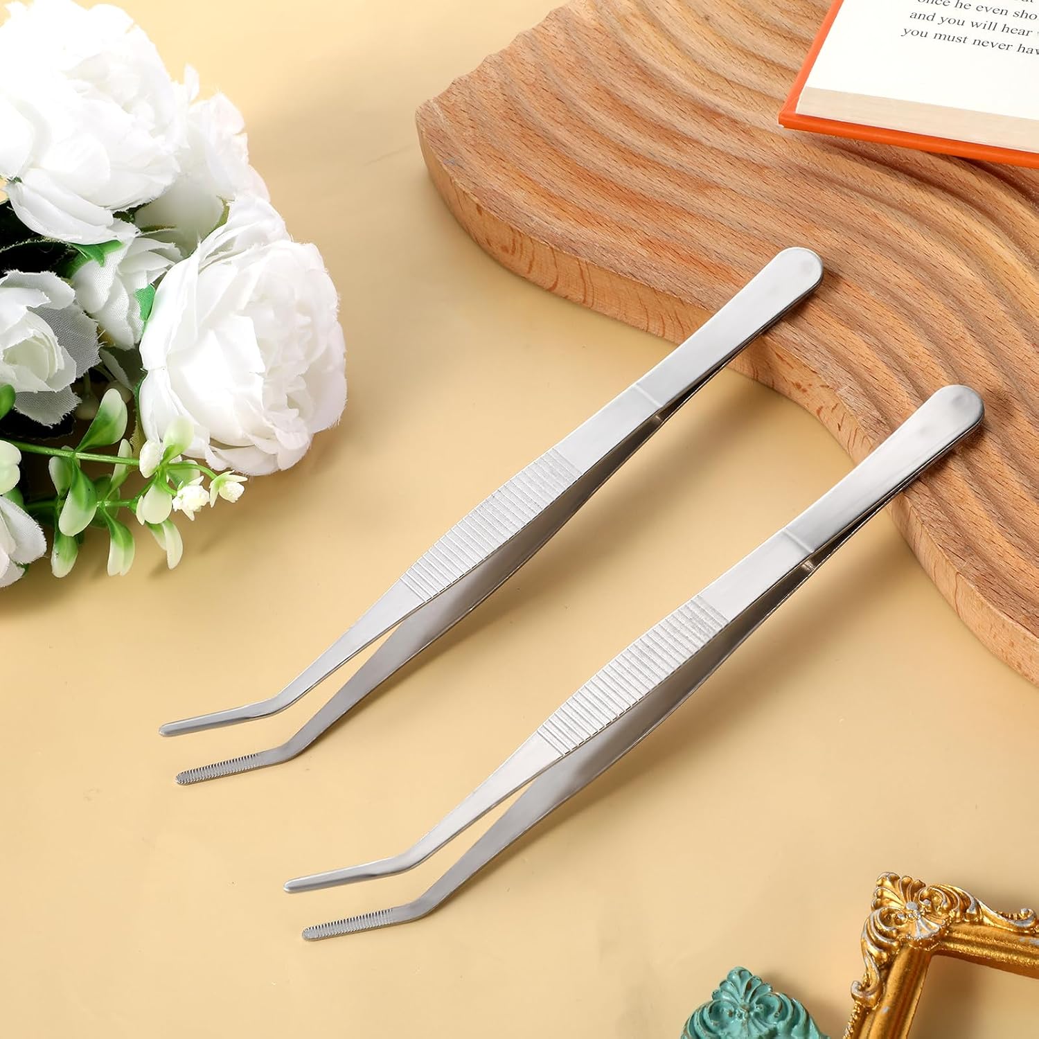 2 PCS 8 Inch Stainless Steel Tweezers with Curved Serrated Tip Kitchen Long Tweezers Set Heavy Duty Sewing Machine Tweezer Long Aquarium Tweezer Reptile Feeding Tongs for Cooking Crafting Repairing
