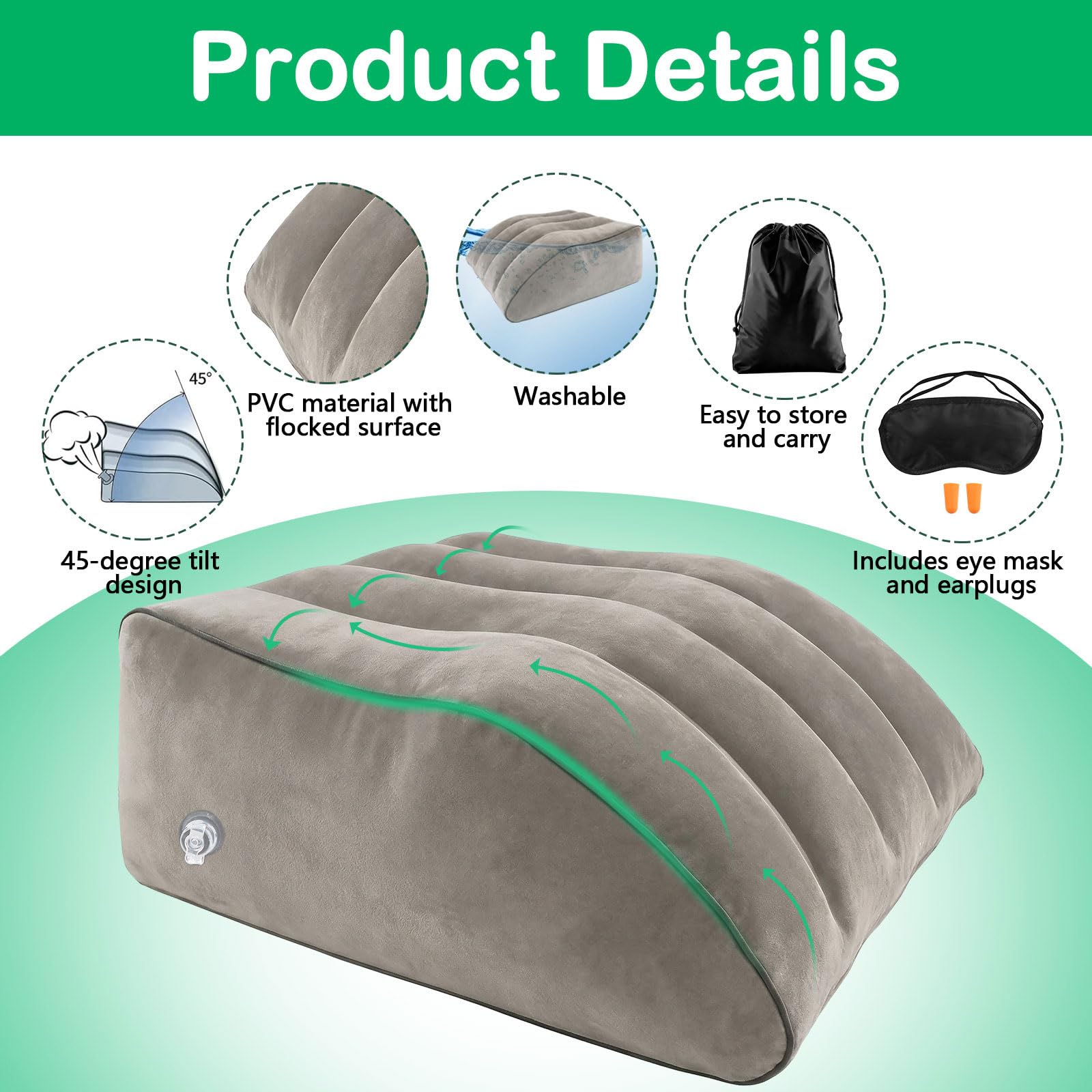 Cuscino Alza Gambe Gonfiabile per Tenere le Gambe Alte a Letto Cuscino a Cuneo per Dormire Riposo e Relax - Grigio