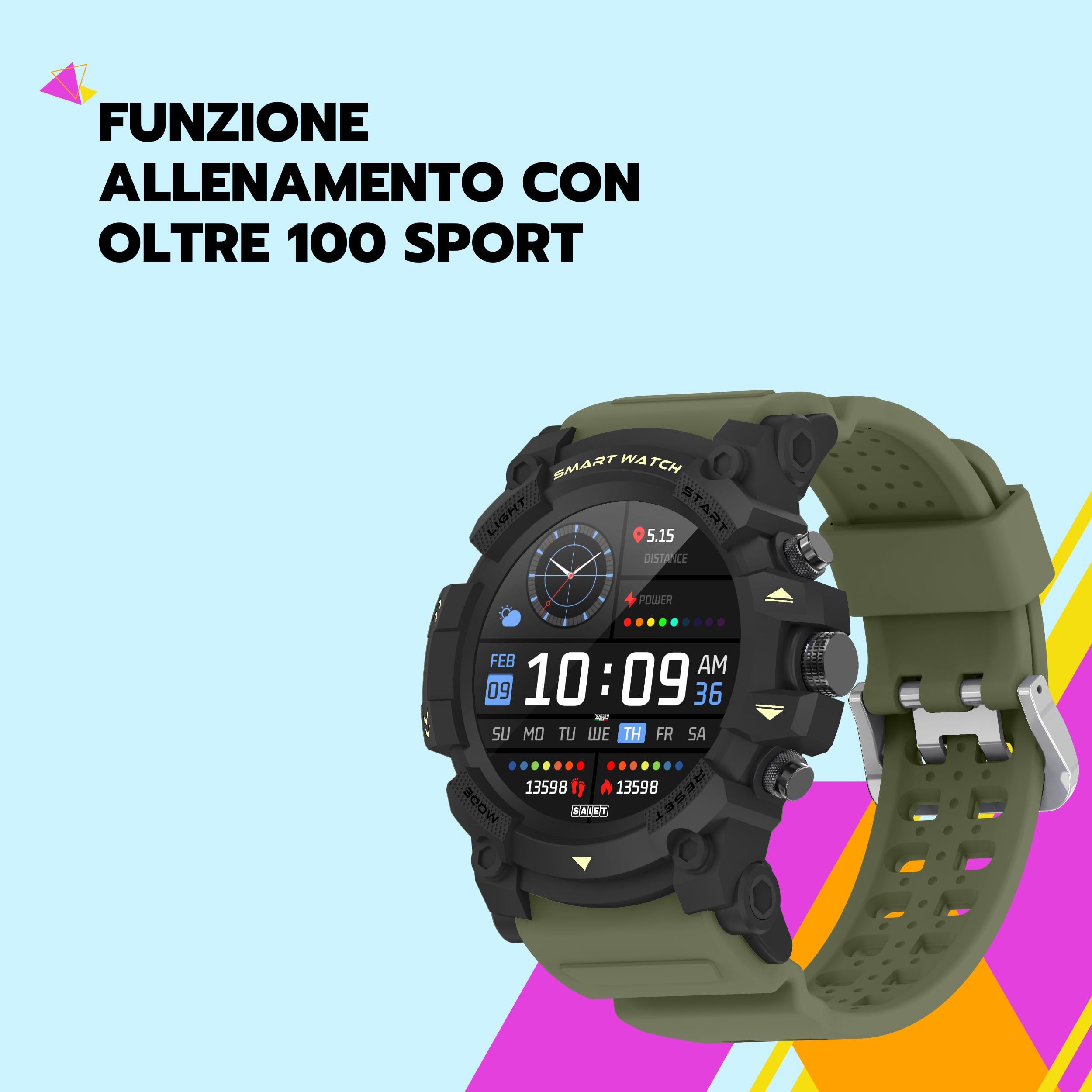 SAIET - Smartwatch W4RR1OR con Funzioni GPS, Chiamate e Messaggi - Orologio Digitale in Vetro Temperato Waterproof - Smartwatch Sport - Verde