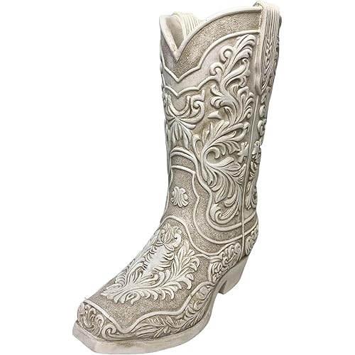 Cowgirl Boot Flower Vase – 9” Tall Antique White Finish with Intricate Tooled Leather Detailing - Decorative Western Cowboy Modern Rustic Decor