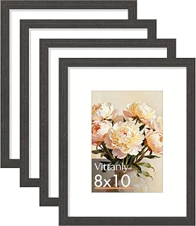 Vittanly Solid Wood 8x10 Picture Frame with Mat, Charcoal Black, 4 Pack