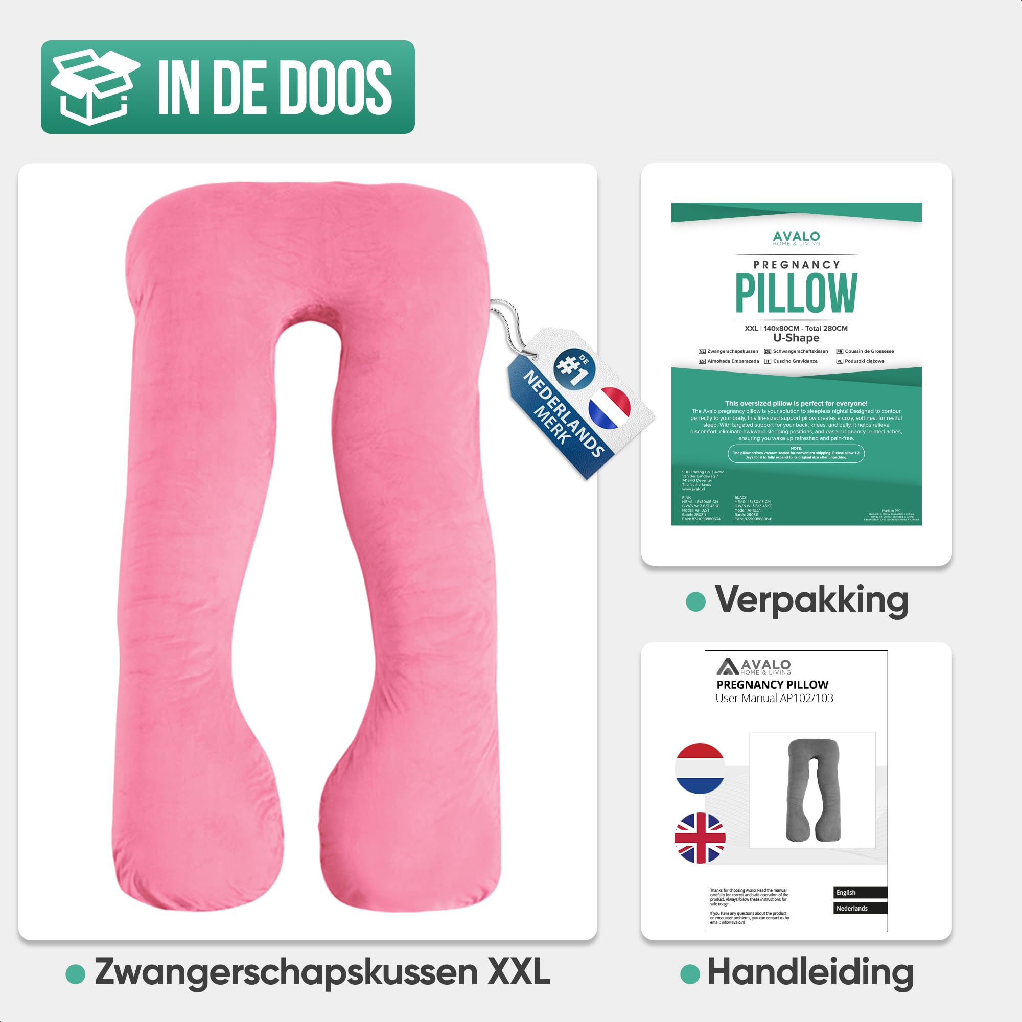 Avalo Cojín de Maternidad XXL 280 cm - Cojín Lateral en Forma de U - Cojín Ergonómico para el Cuerpo - Cojín de Nutrición y Almohada para el Cuerpo para Mujeres Embarazadas - Rosa