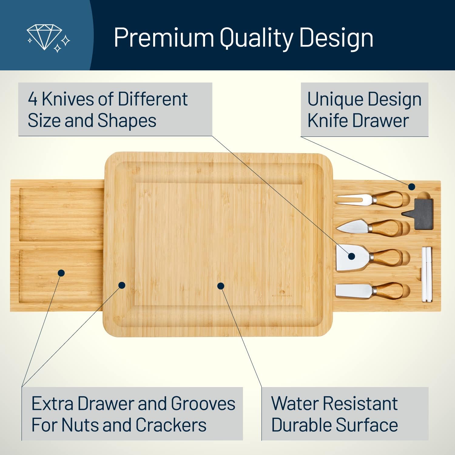 RoyalHouse Unique Bamboo Cheese Board & Knife Set with 2 Slide-Out Cutlery Drawers - Charcuterie Boards Set - Gifts for Women Birthday, Wedding Couples 2025, Bridal Shower - Image 3