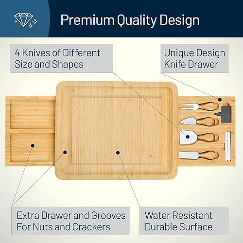Miniatura 3 de RoyalHouse Juego único de tabla de queso de bambú y cuchillos con 2 cajones deslizables para cubiertos, juego de tablas de charcutería, regalos