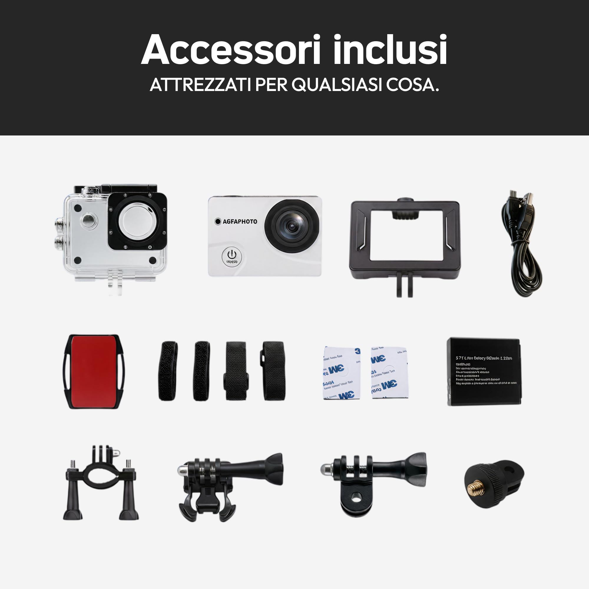 AGFAPHOTO - Action Camera - AC5000 - True 720P 30FPS, Grandangolo 110°, Custodia Impermeabile 30m - WiFi - 12 Accessori Inclusi