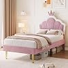 Single Bed Frame, Soft Velvet Upholstered Bed, 3ft Shell Shape Bed with Removable Crown, Adjustable Headboard, Golden Iron Legs, Wooden Slatted Frame, 90 190cm, Pink