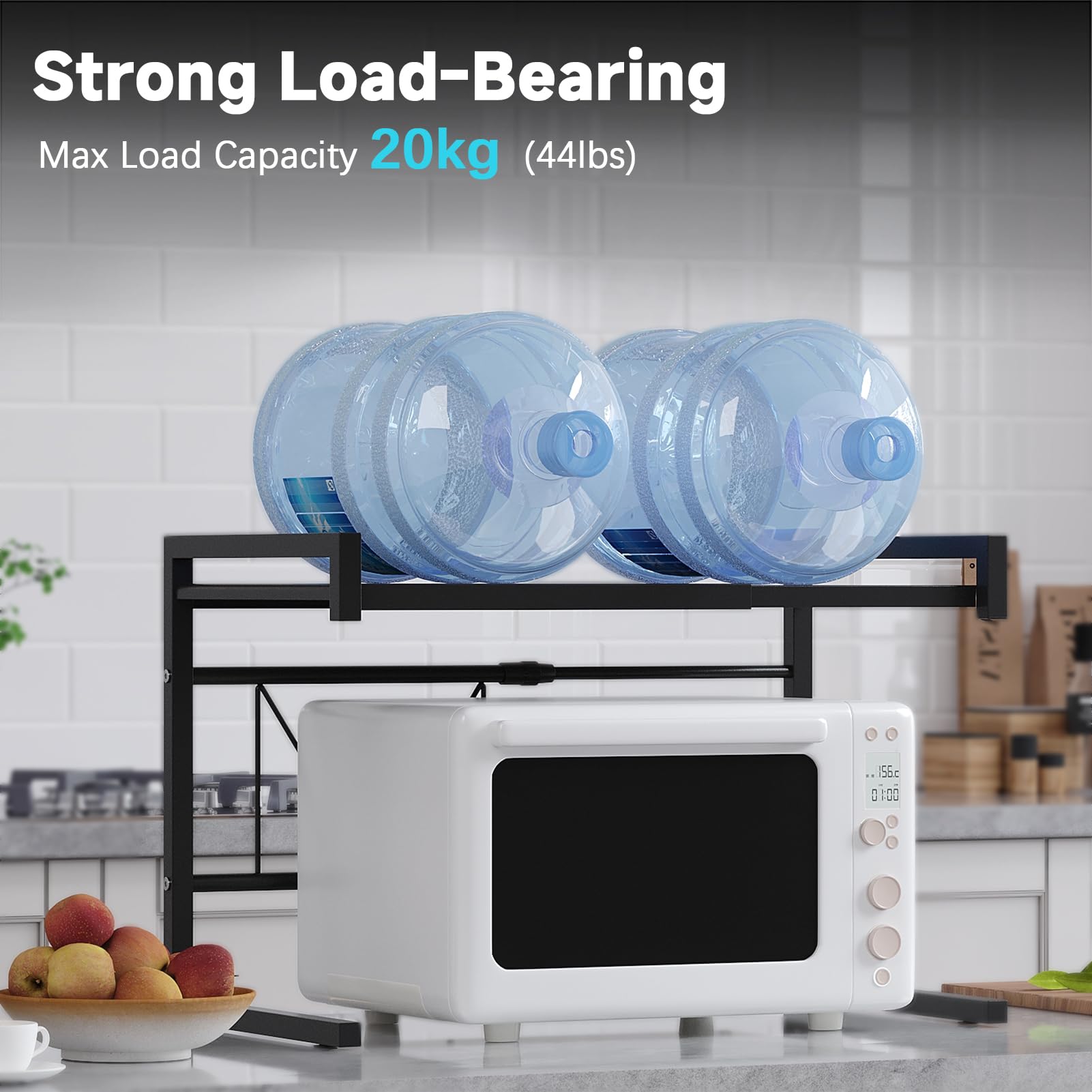 BTGGG Étagère extensible à 2 niveaux en métal pour four à micro-ondes - Support de boulanger de cuisine - Organiseur de rangement avec 4 crochets - Capacité de charge de 20 kg