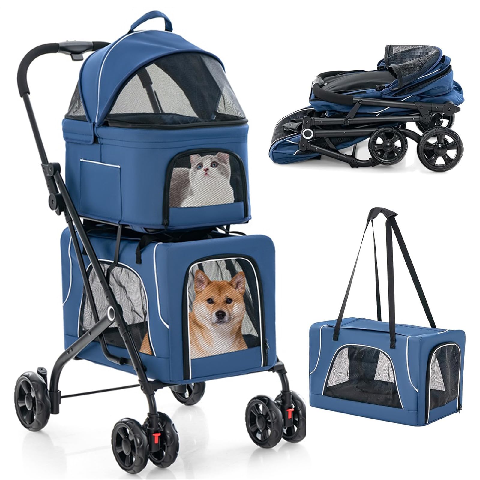COSTWAY Cochecito para Perros Plegable, 3 en 1 Carrito para 2 Perros o Gatos, con 2 Transportines Desmontables, Cinturón de Seguridad, Cojines Desmontables, Carrito de Viaje para Mascotas (Azul)