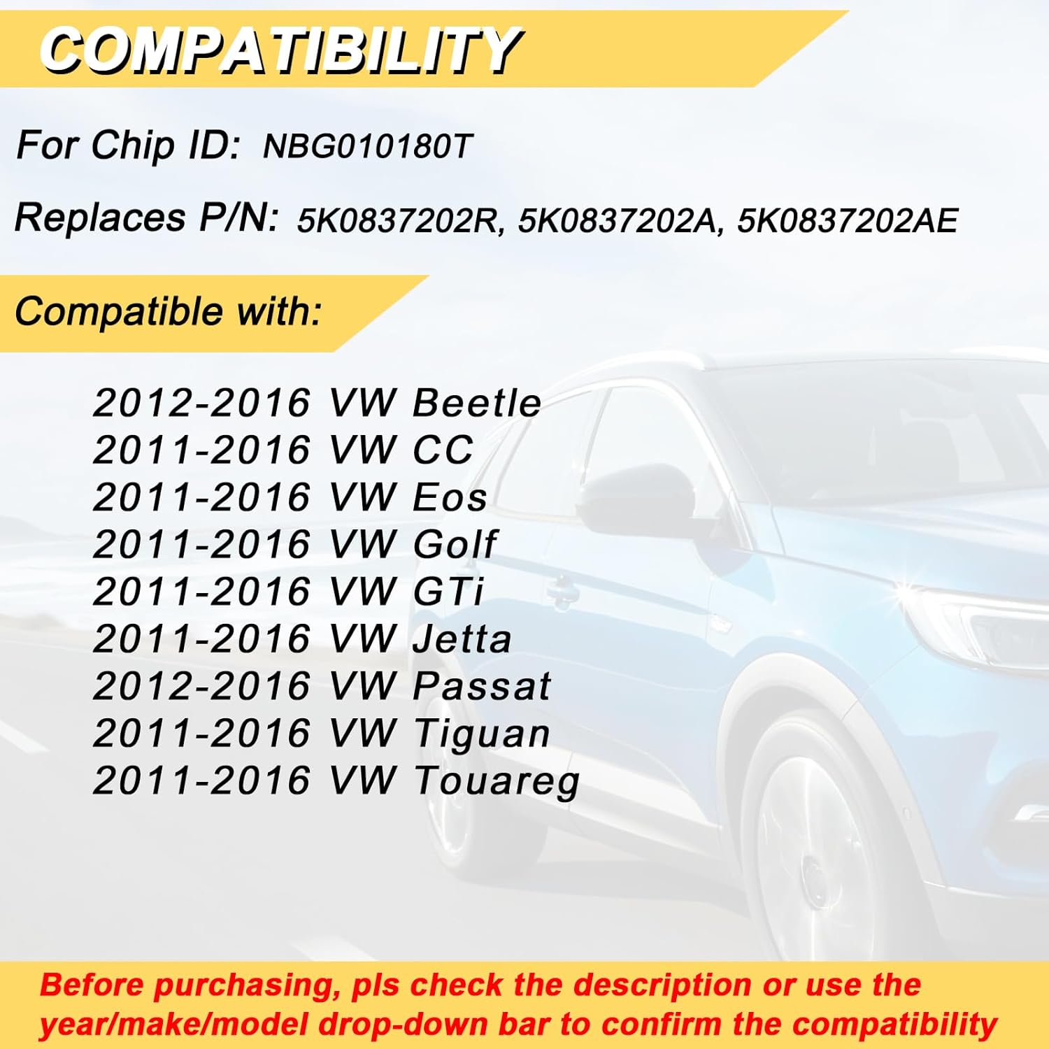 Vurkcy Key Fob Replacement for 2011-2016 VW Tiguan Golf CC Eos GTI Jetta Touareg/12-16 Passat Beetle Car Keyless Entry Remote Control, NBG010180T, 4 Buttons