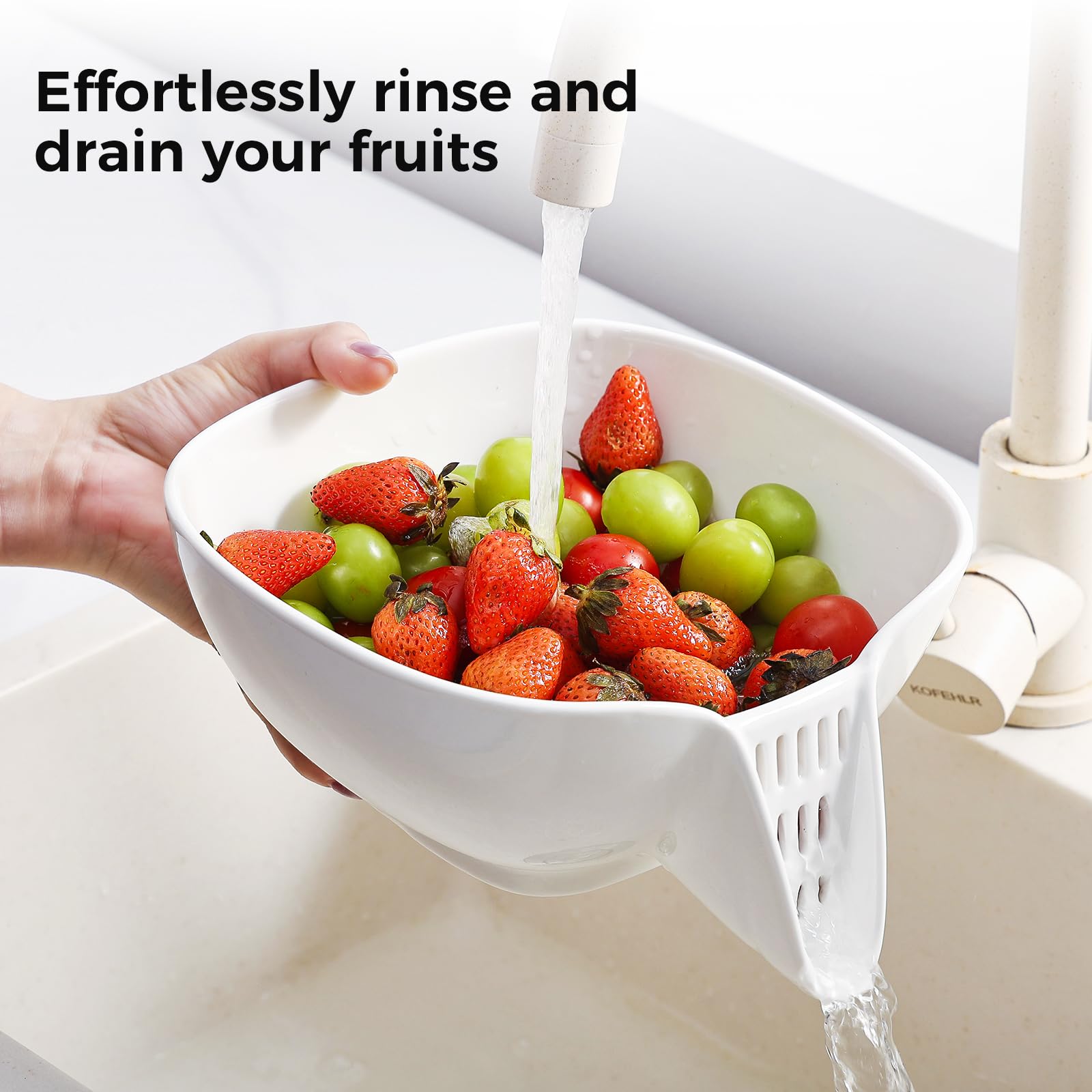 DIZADA Multifunktionaler Keramik-Abflusskorb mit integriertem Ablaufauslauf, Sieb für Küche, 1,700 ml, großes Fassungsvermögen, Lebensmittelsieb für Gemüse, Obst, Nudeln, Salat, hitzebeständig