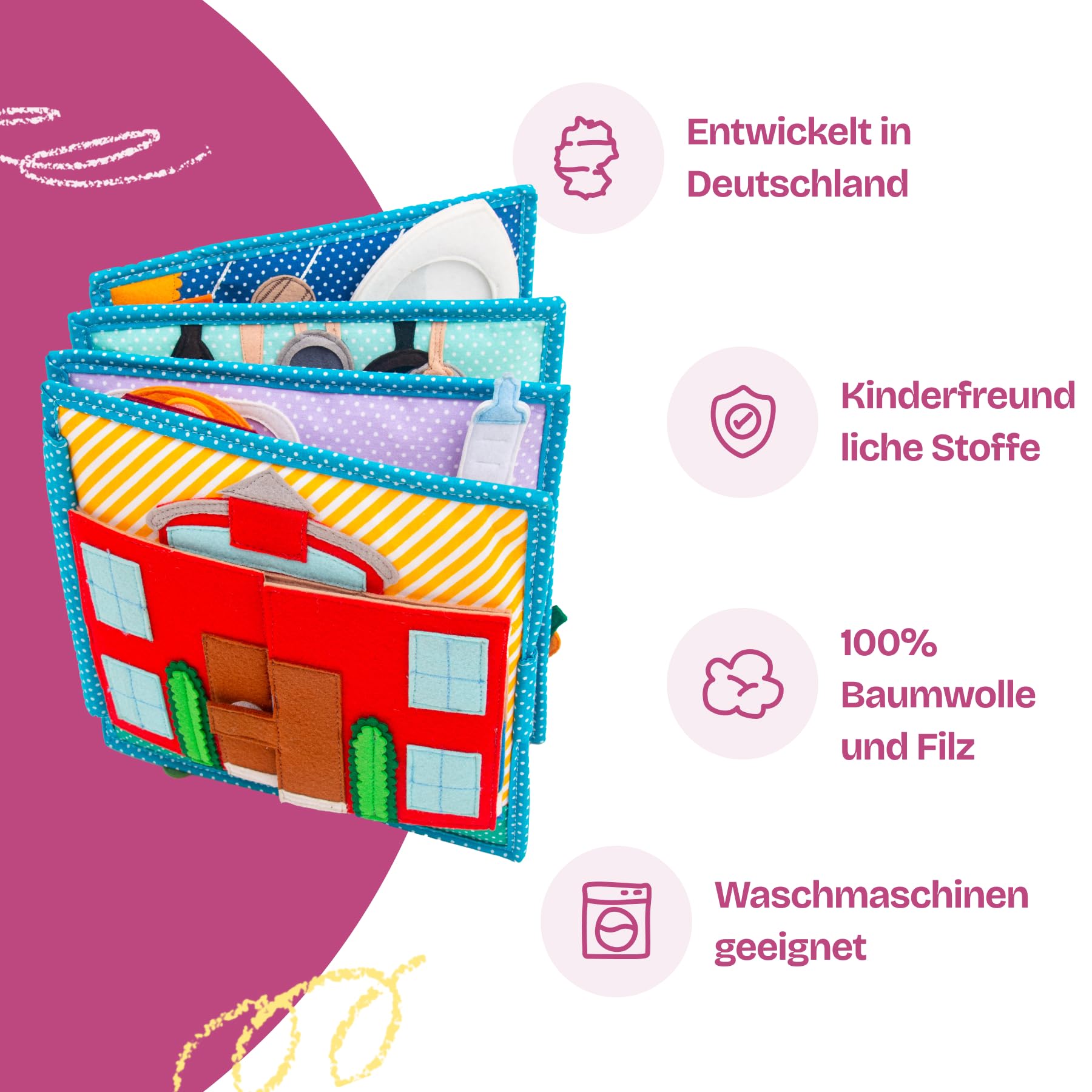 Jolly Designs – Mein Traumjob – 6 Seiten Quiet Book – Montessori Spielzeug ab 3 Jahren – Motorik & Sensorik fördern – Handgefertigtes Filzbuch – Lernspielzeug für Kleinkinder – Busy Book für unterwegs