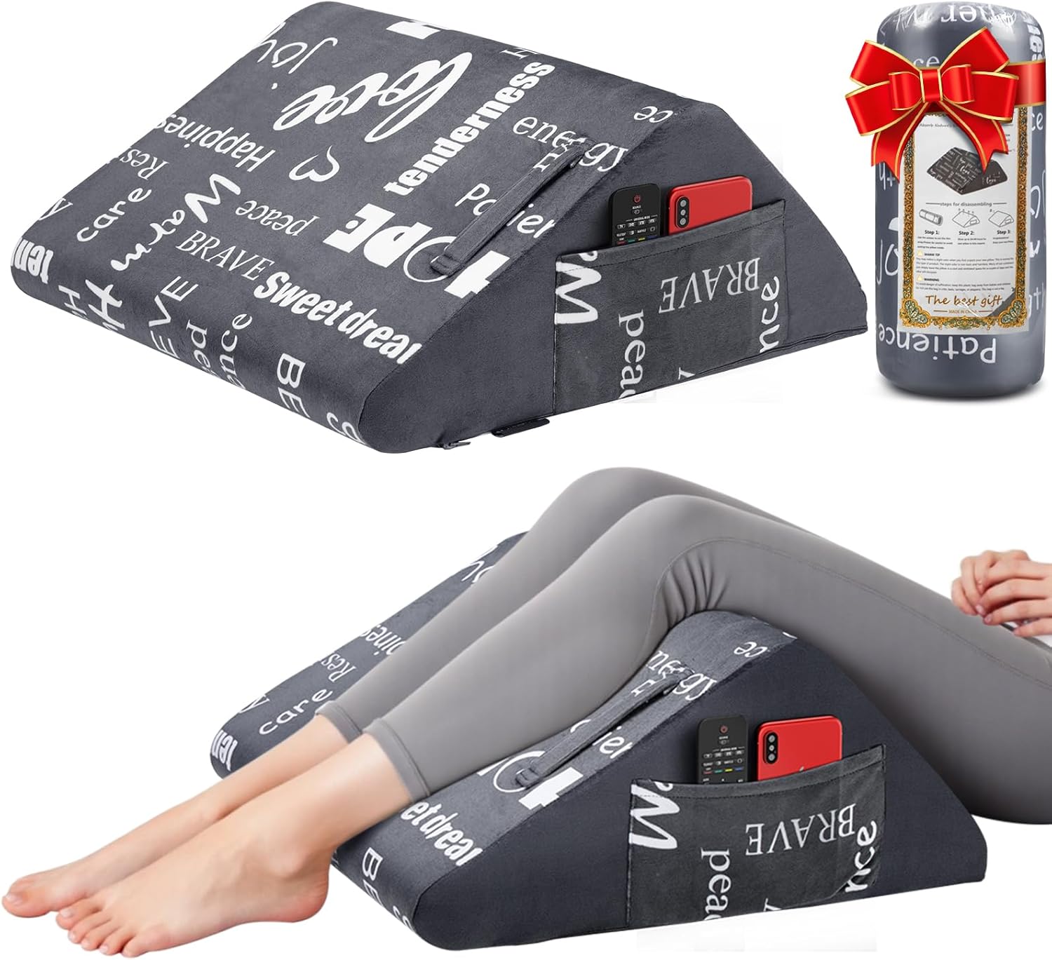 Knee Wedge Pillow, Leg Elevation Triangle Pillow for Post Surgery, Back Pain Relief, Bed Wedge Pillowcase for Sleeping with Removable Cover and Positive Energy Words