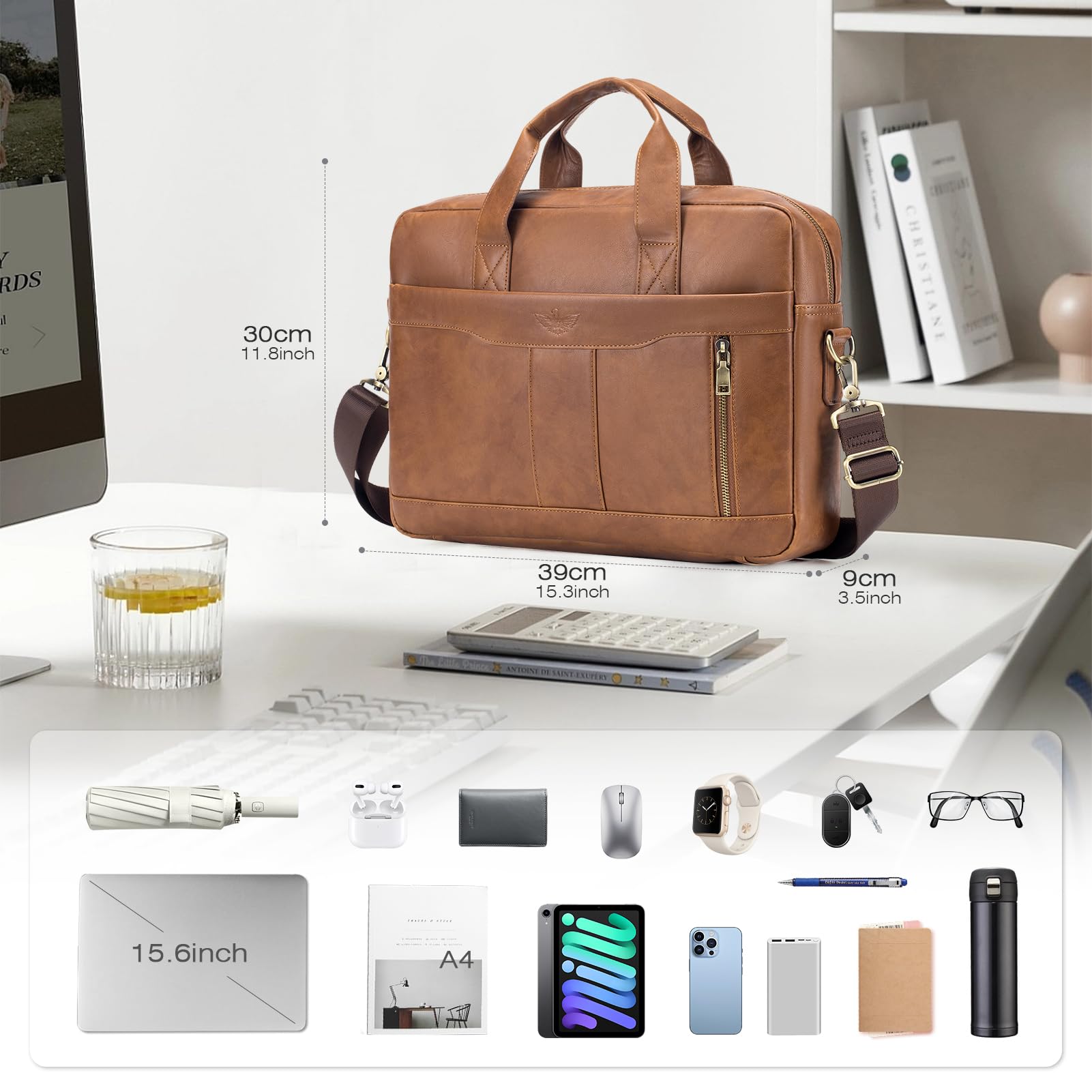 SPAHER - Mallette en cuir synthétique pour ordinateur de 15,6 pouces, sac à bandoulière, serviette d'affaires, cadeau