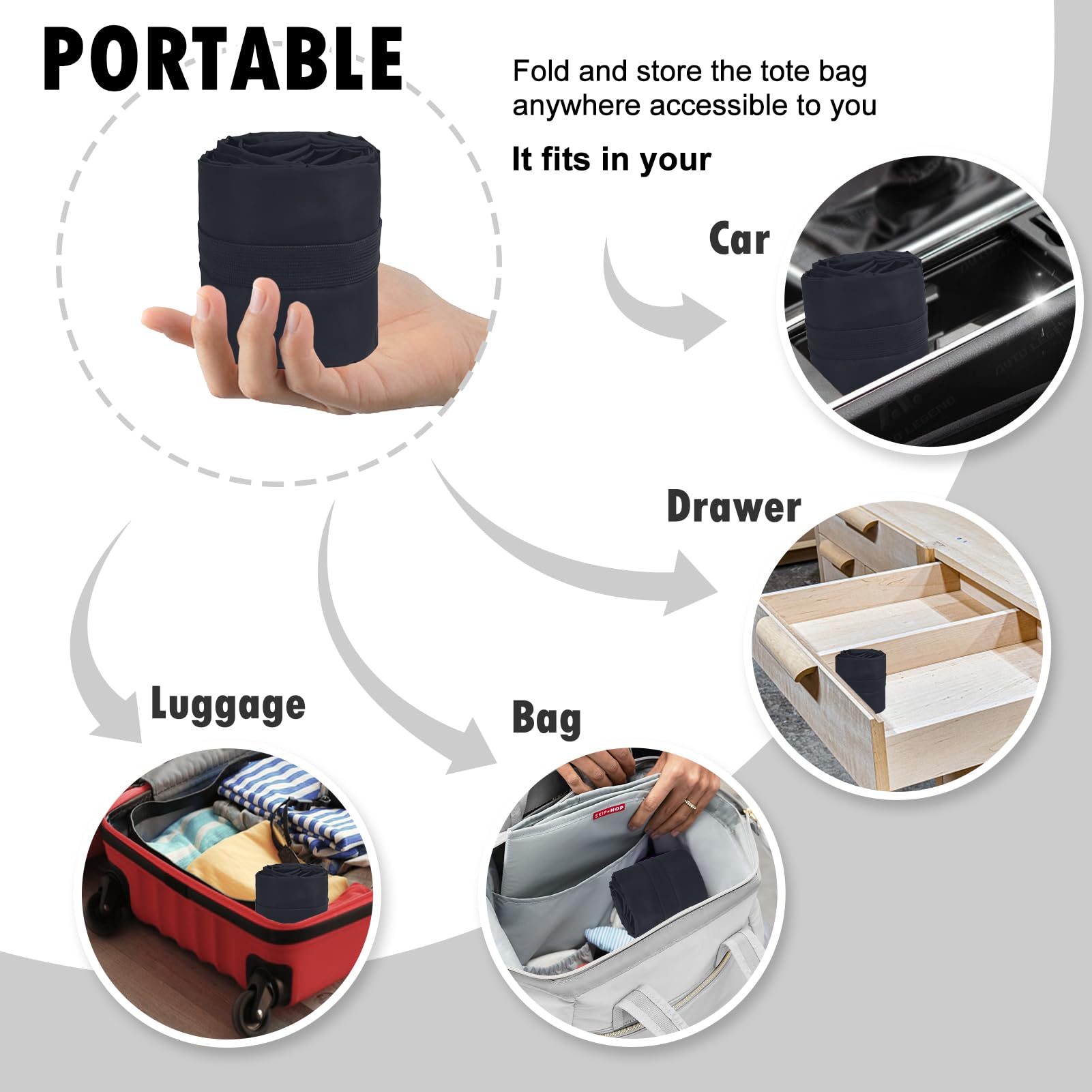 Bolsa de lona grande para artículos esenciales de viaje, bolsas de comestibles reutilizables, plegable, bolsa de viaje portátil, mochila de gimnasio de compras, 35L, Negro clásico, Grande 4