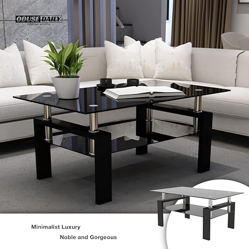 Miniatura 32 de Juego de 2 mesas auxiliares de cristal, mesa de cristal pequeña, mesa auxiliar negra con parte superior de vidrio templado, marco de metal, para