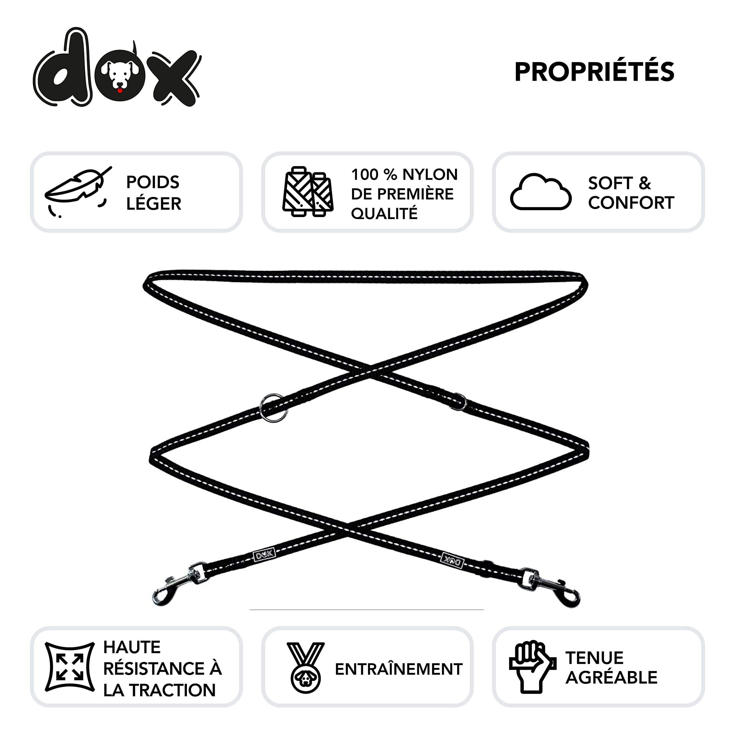DDOXX Laisse Chien Nylon Réfléchissante, Réglable en 3 Position, 2 m | Nombreuses Couleurs & Tailles | pour Petit, Moyen Gros & Grand | Double laisses Ajustable Chat Chiot | M, Noir, 2m