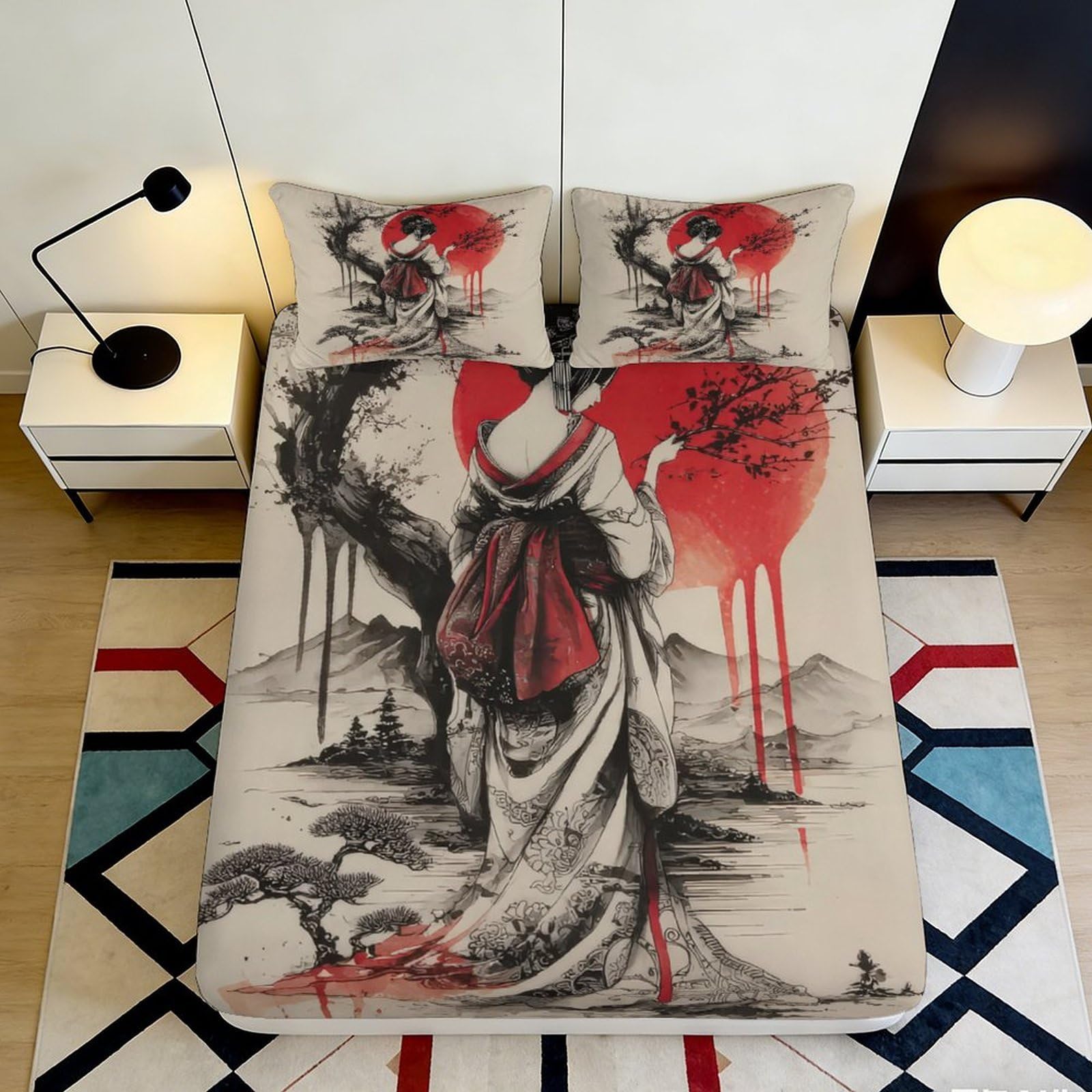3D Printed Japanese Geisha Fitted Sheet Microfiber Soft Cherry Blossom Mattress Cover for Bedroom Dorm Decor 90x200x25cm