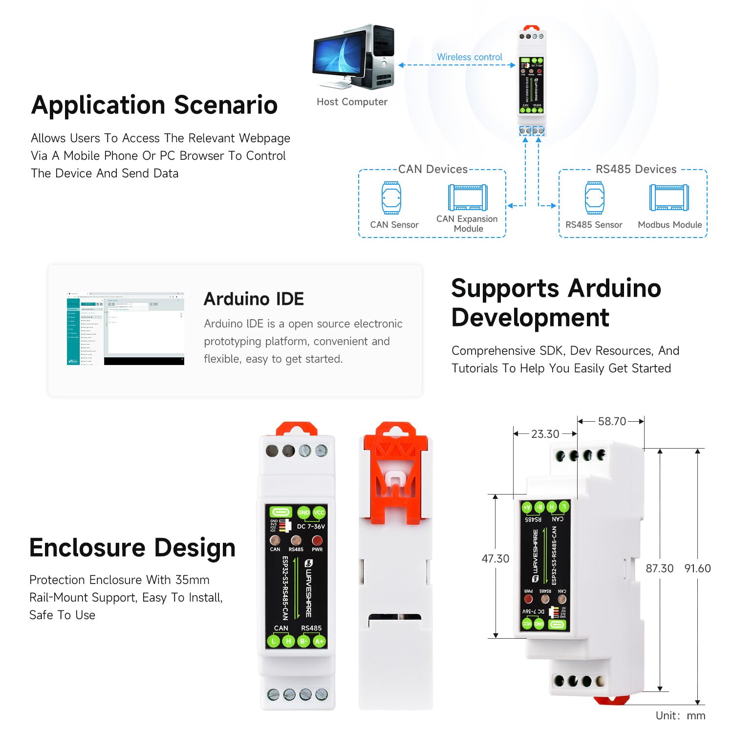 Waveshare Industrial ESP32-S3 Control Board with RS485 and CAN Communication Interfaces, Wi-Fi/BT Support, Built-in Multiple Protection Circuits