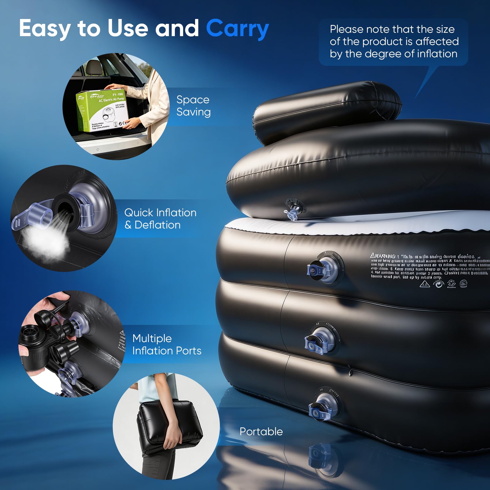 Bañera Adulto Portátil, 3 Min Inflación Rápida con Bomba Eléctrica, Bañera Hinchable Plegable con Tapa Aislante, Reposacabezas en U, Soporte para Vasos, Para Jardín Camping Baño, Negro-Blanco
