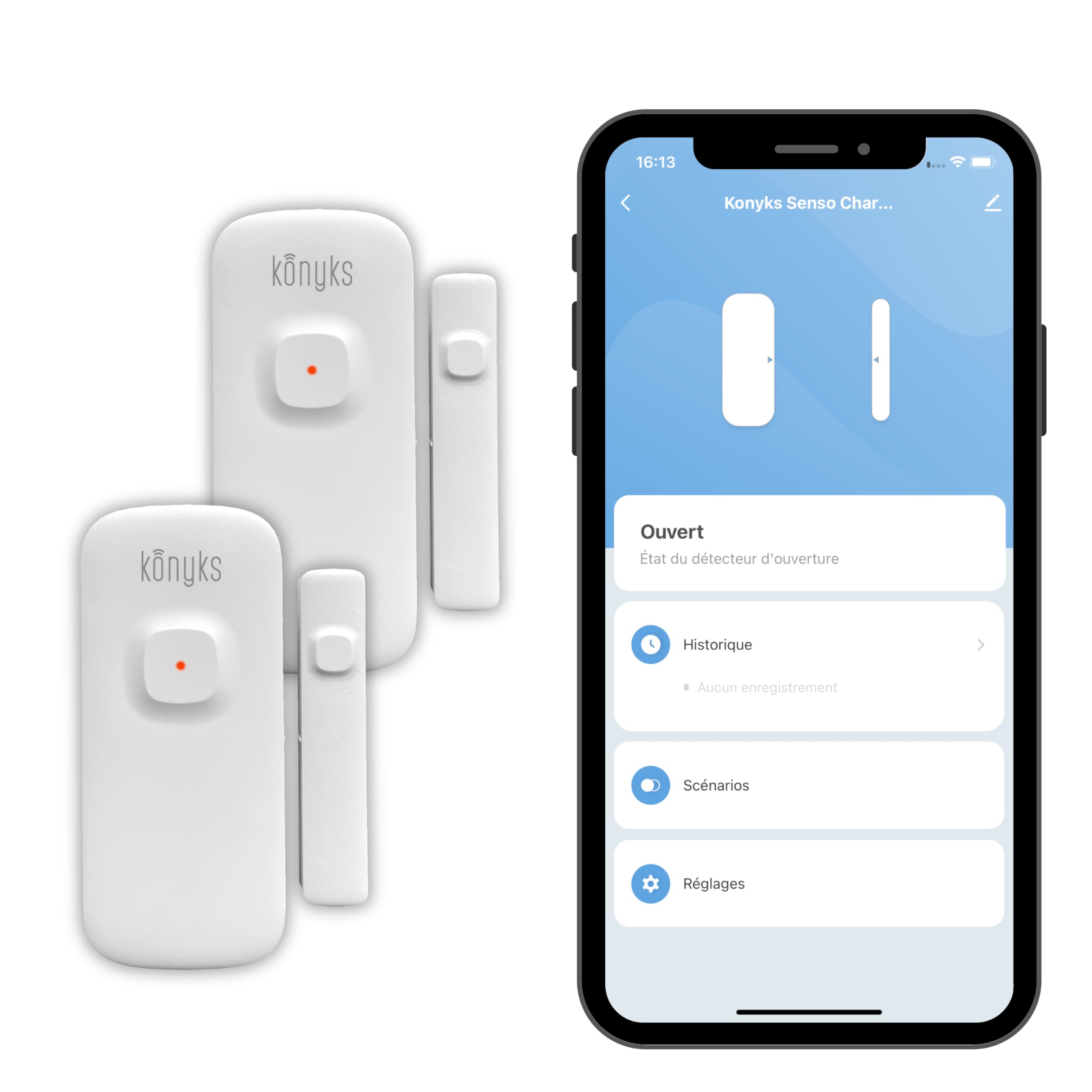 Konyks Senso Charge 2, Lot de 2 Détecteurs d'ouverture Wi-FI avec Batterie Rechargeable, autonomie jusqu'a 1 an, Notifications sur Smartphone, automatisations faciles, Compatible Alexa & Google Home
