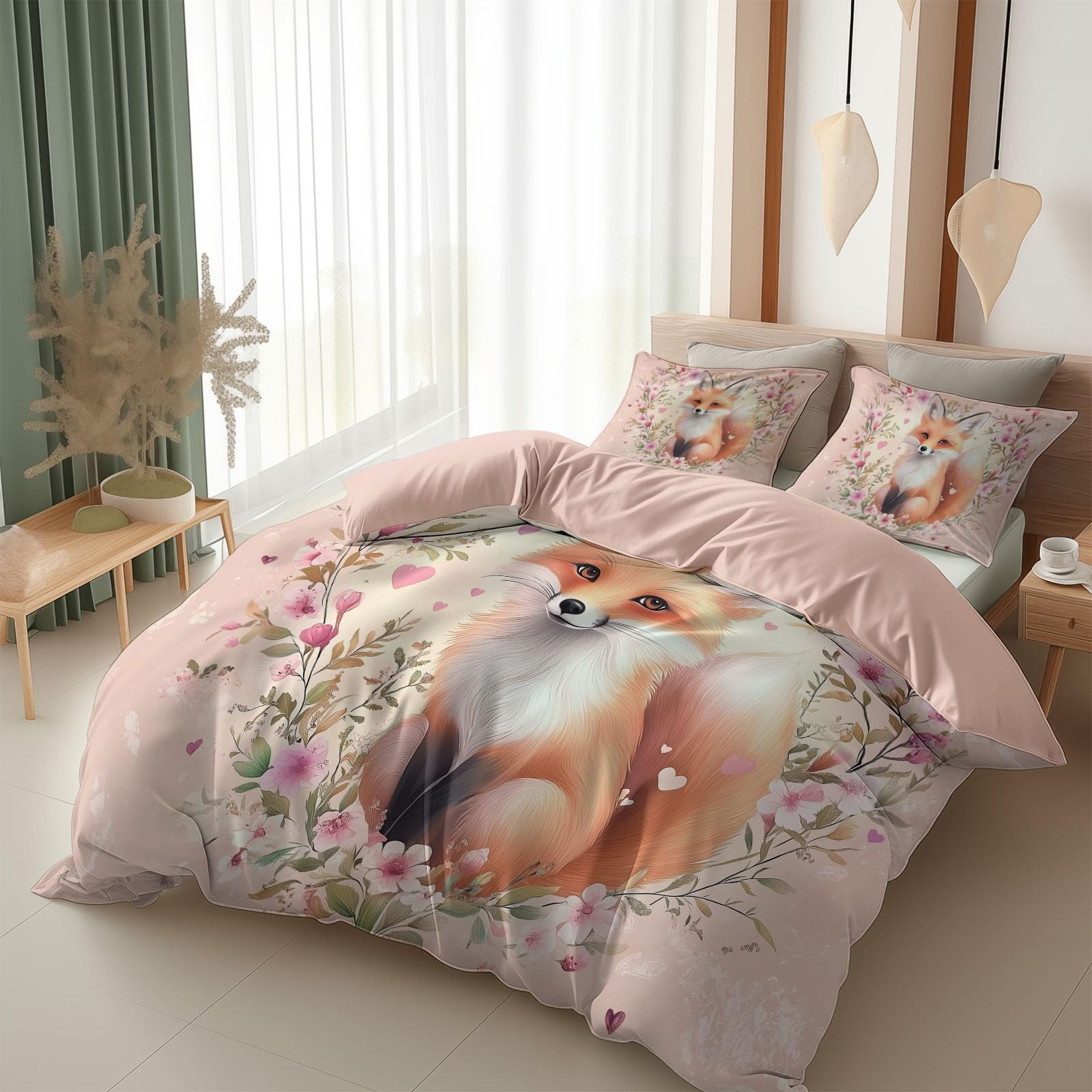 Srigzcaly Cot-bed A fox animal in the heart Duvet Cover Set - Premium Microfiber Bedding (120 x 150 cm) for Boys & Teens - Ultrasoft Hypoallergenic Reversible Pink Quilt Cover With Zipper Closure
