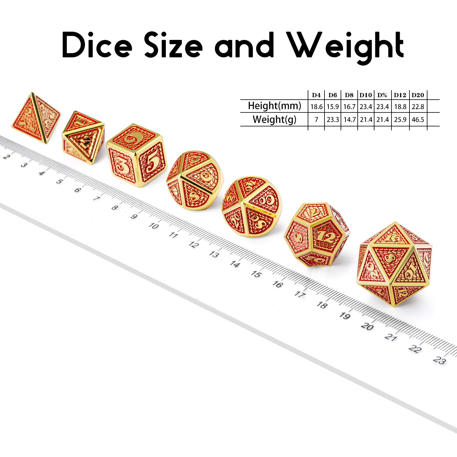 DNDND - Juego de 7 dados de metal para juegos de dragón rojo con bolsa de terciopelo para juegos de D&D Dungeons y Dragon (rojo con borde dorado)