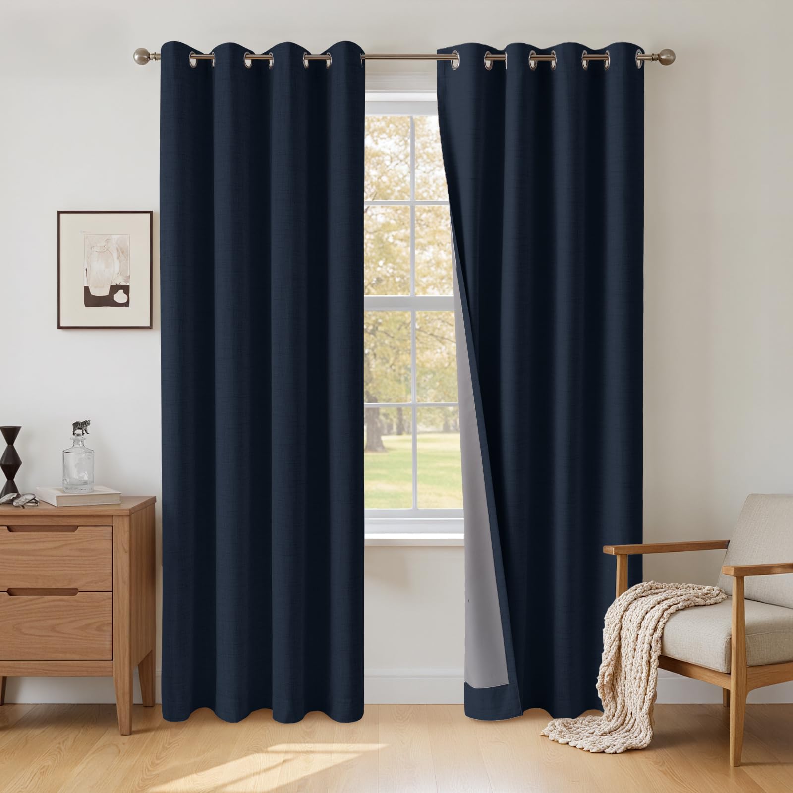 INOVADAY 100% Blackout Curtains 72 Inch Drop 2 Panels, Thermal Insulated Eyelet Curtains with Coating Back Layer for Bedroom & Living Room, 46" W x 72" L, Navy Blue — image 1